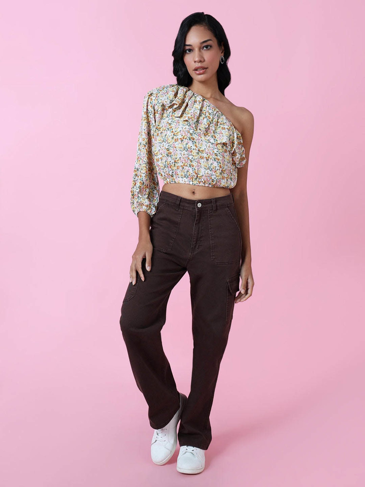 SHOWOFF Yellow Printed Crop Top
