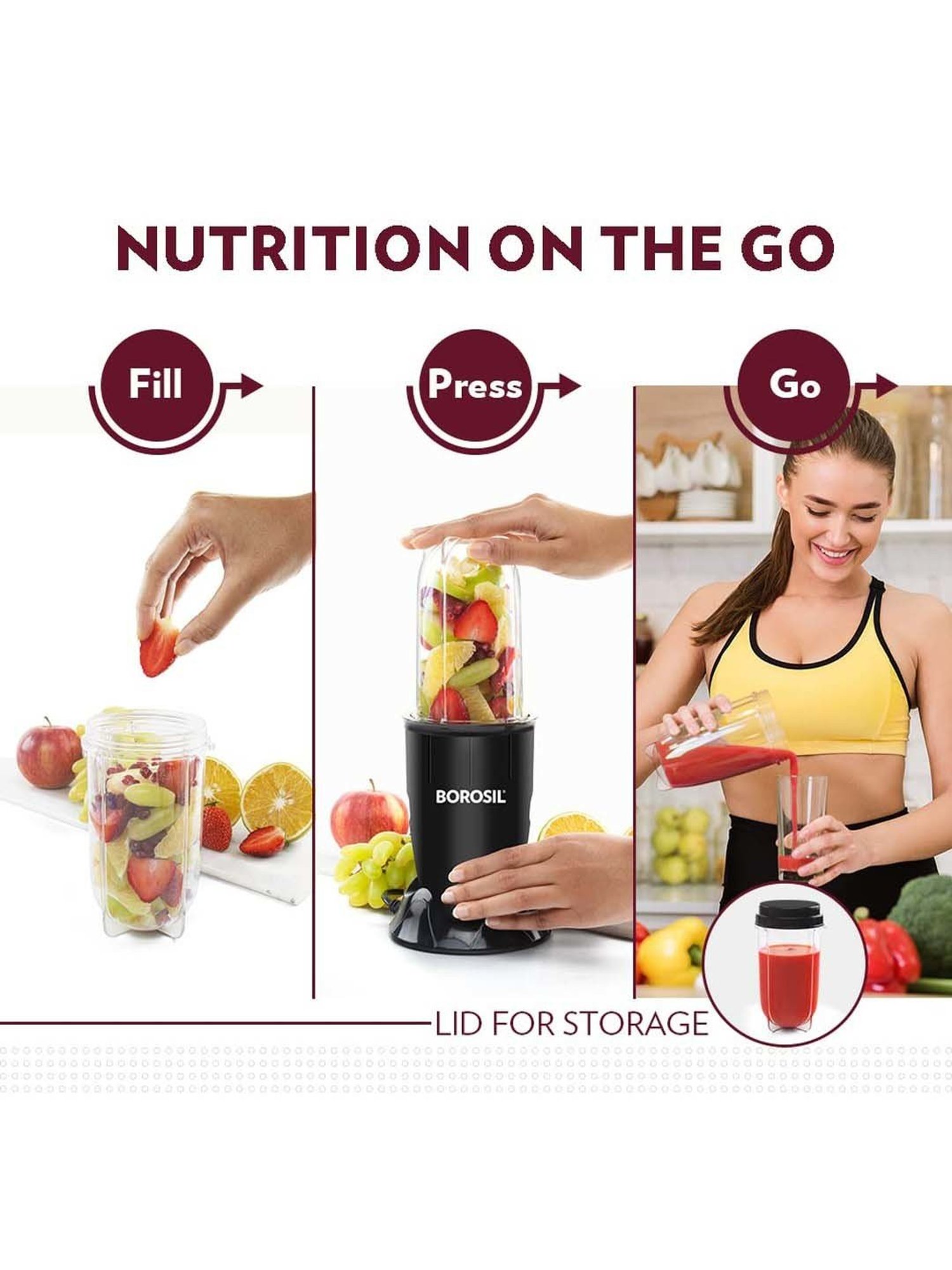 Borosil NutriFresh PB31 Black Plastic 400W Portable Mini-Blender & Grinder