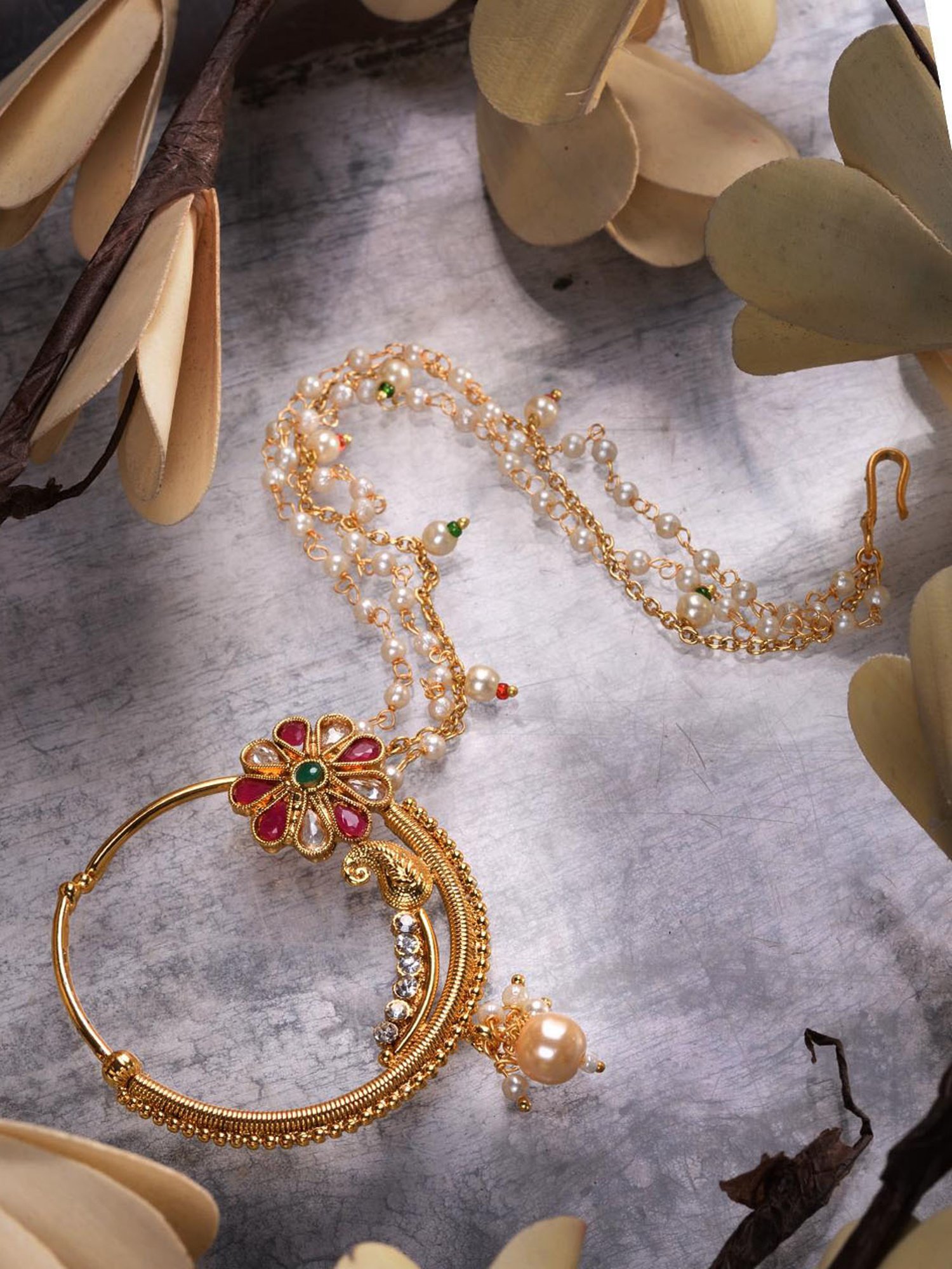 Saraf Rs Jewellery Gold Plated Red & White Pearl Beaded &Studded  Bridal  Nose Ring