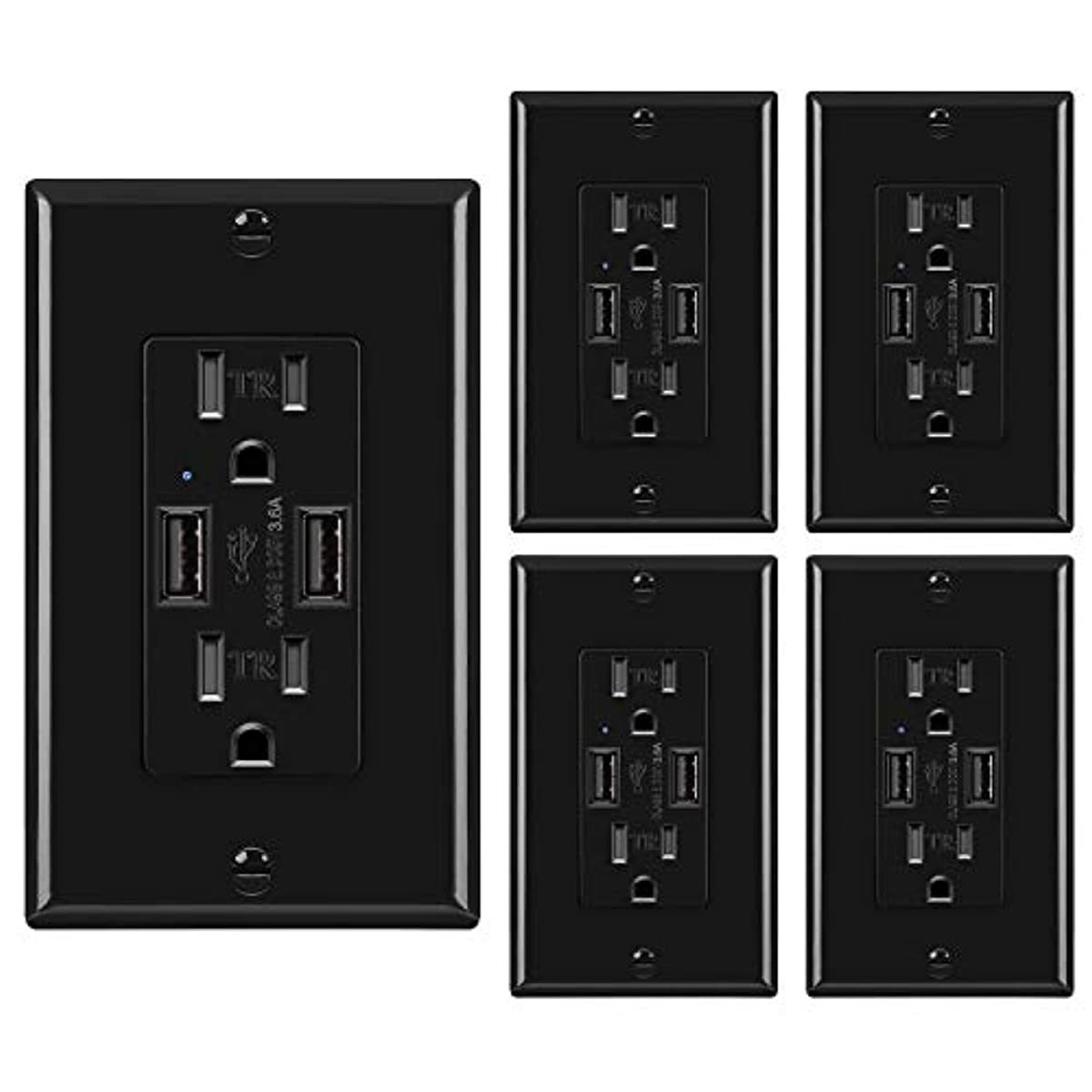 [5 Pack] BESTTEN Black USB Wall Receptacle with 15 Amp Tamper-Resistant Outlet, 3.6A Dual USB Charging Ports, UL Listed