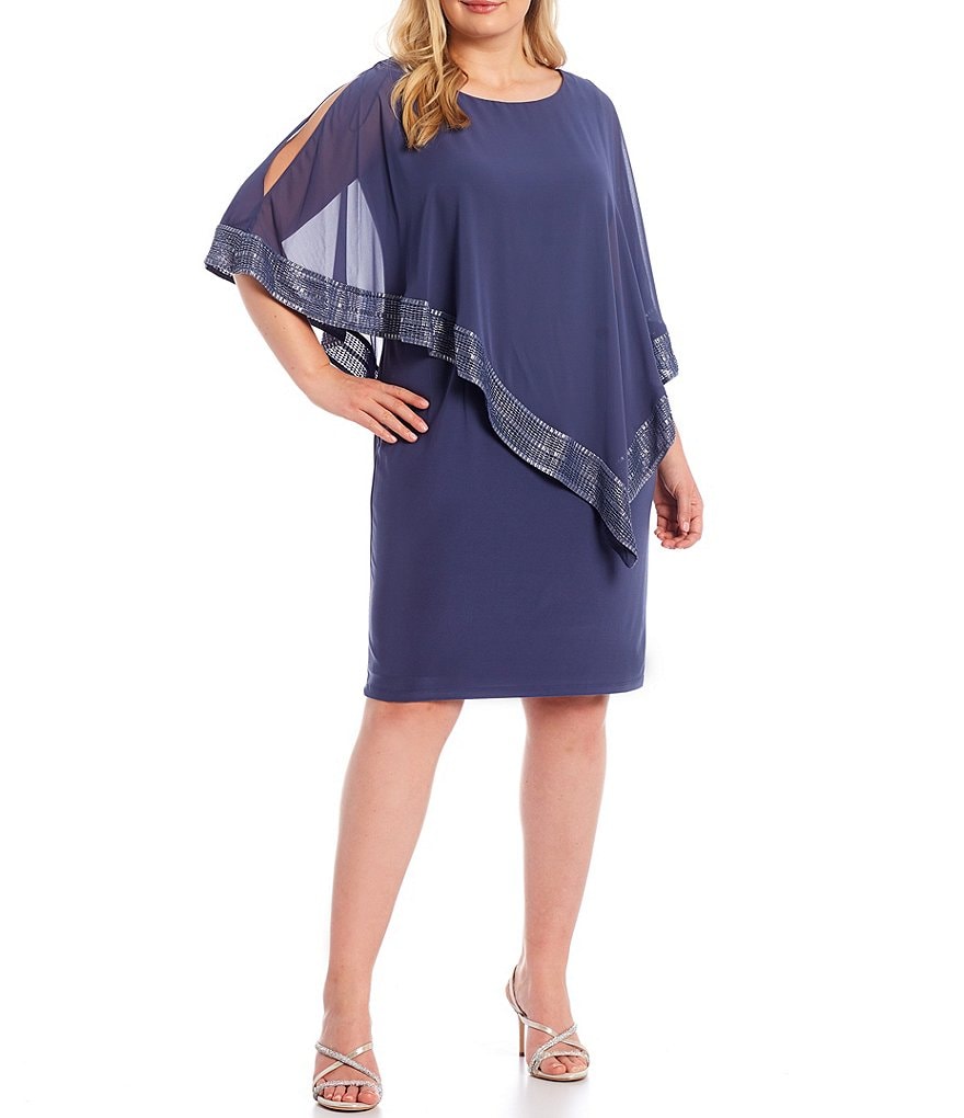 Ignite Evenings Plus Foil Trim Scoop Neck 3/4 Sleeve Popover Dress