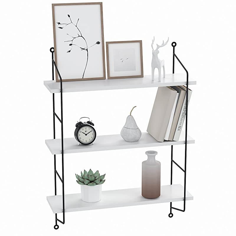 Shelves Wall Mounted, Industrial Metal Frame Wood Wall Storage Shelves for Bedroom, Living Room, Bathroom, Kitchen, Office and More, 3 Tier(White)