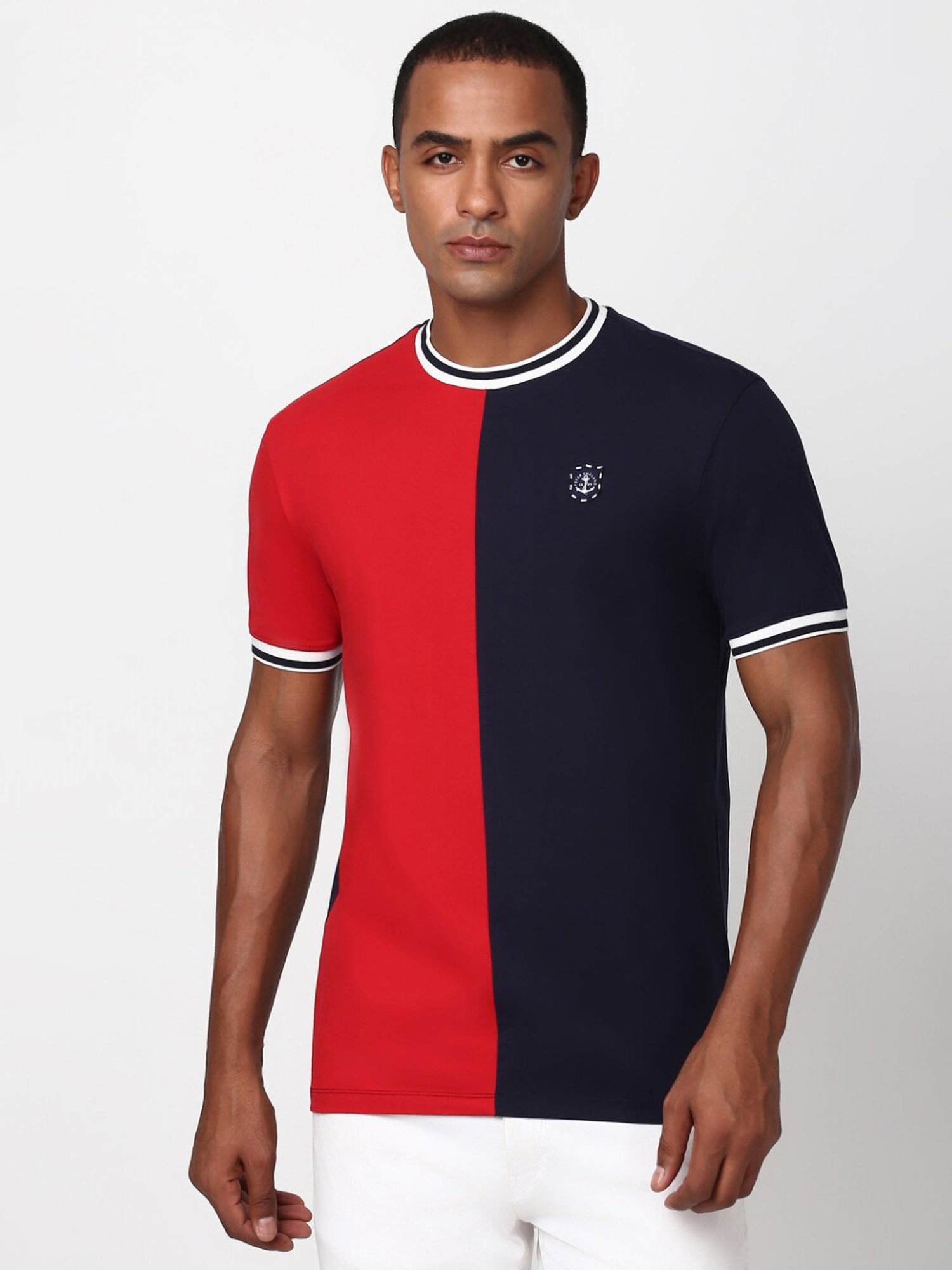 Peter England Navy & Red Cotton Regular Fit Colour Block T-Shirt