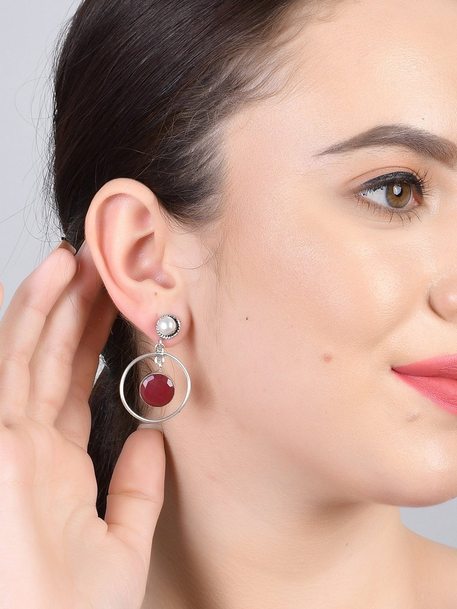 Imli Street Maroon-White Silver Tone Stone-Studded Handcrafted Drop Earrings