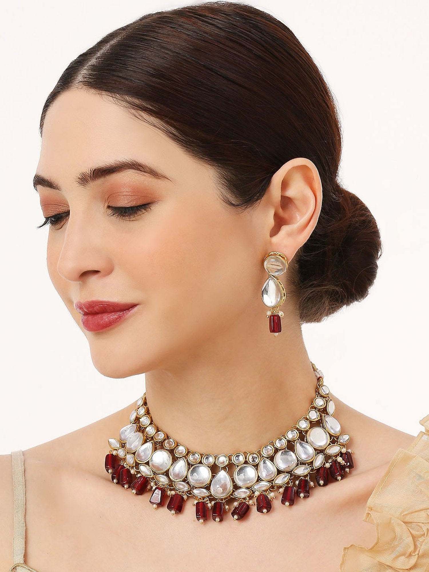 OOMPH Maroon Beads & Kundan Heavy Ethnic Jadau Choker Necklace Set with Drop Earrings