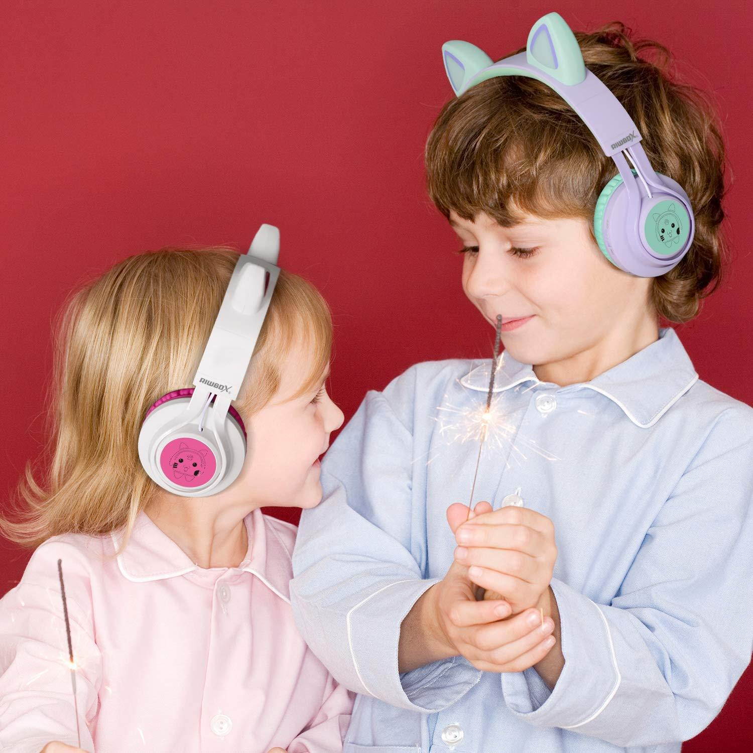 Kids Headphones, Riwbox CT-7S Cat Ear Bluetooth Headphones 85dB Volume Limiting,LED Light Up Kids Wireless Headphones Over Ear with Microphone for iPhone/iPad/Kindle/Laptop/PC/TV (Purple&Green)
