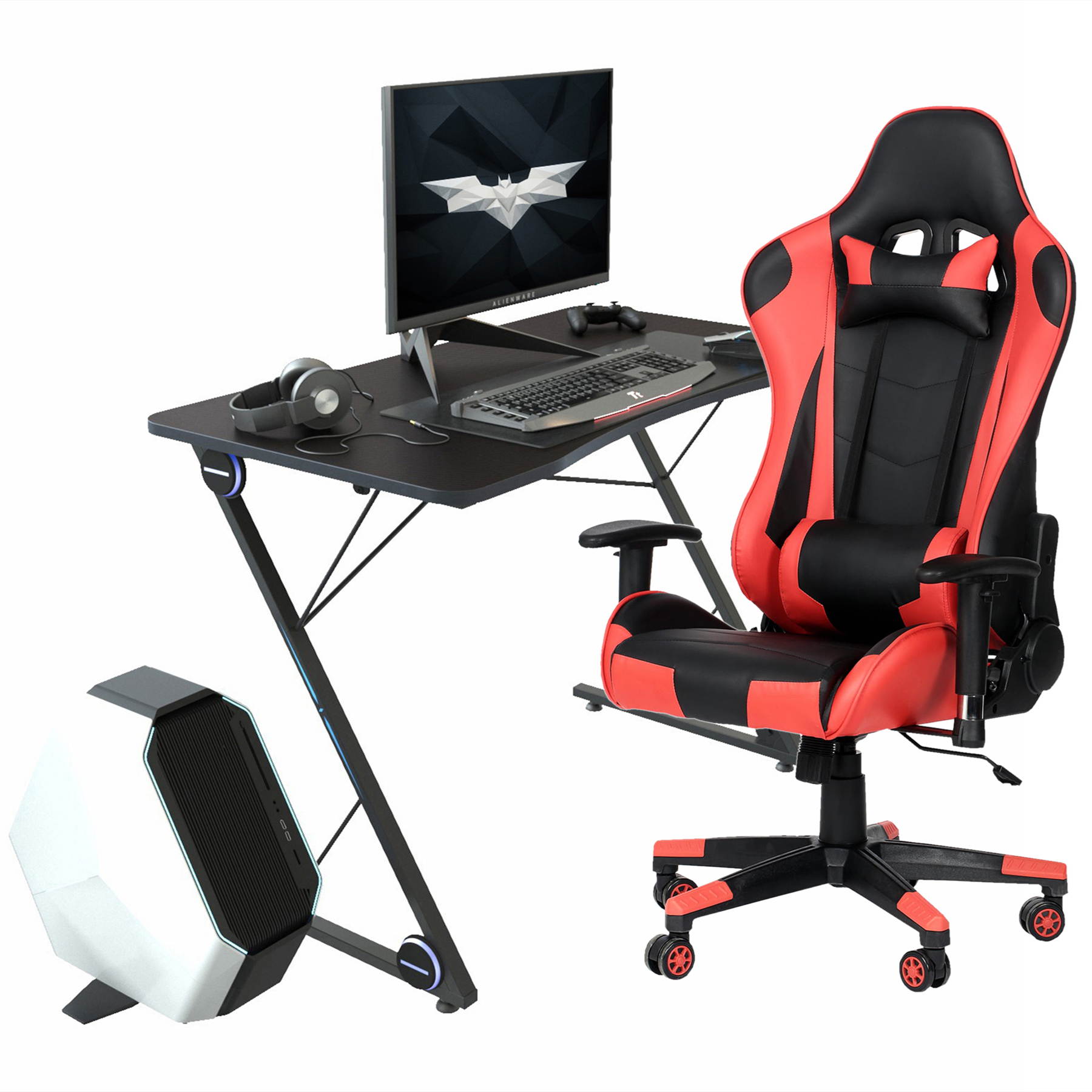 43.3 Inch Gaming Desk with Red PU Leather Adjusted Reclining Gaming Chair Ergonomic Home Office Desk and Chair Set Z-Shaped E-Sport Gamer Workstation with LED Lights Carbon Fiber Surface and Cup Hold
