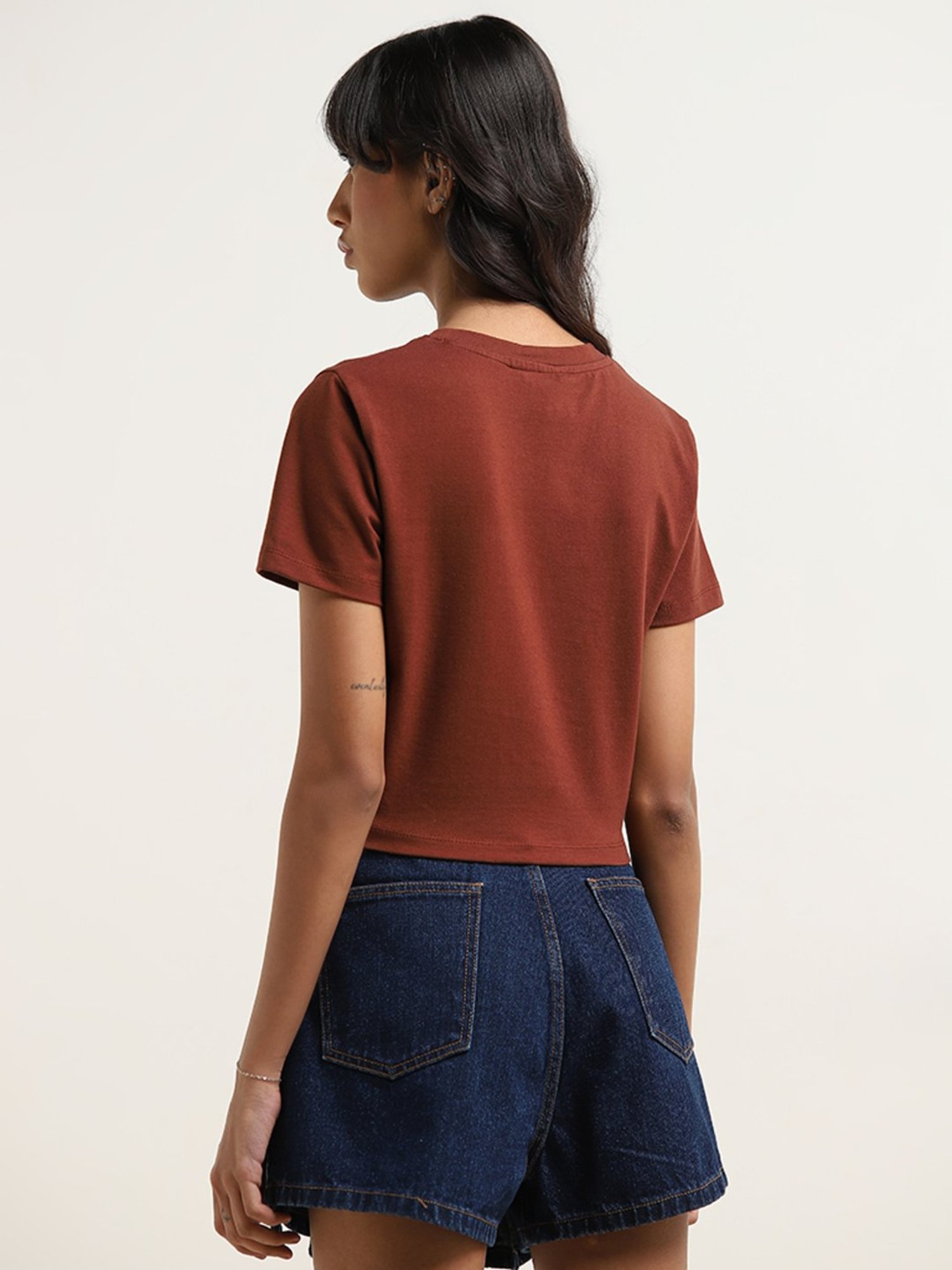 Nuon by Westside Dark Brown Solid Cotton Blend T-Shirt