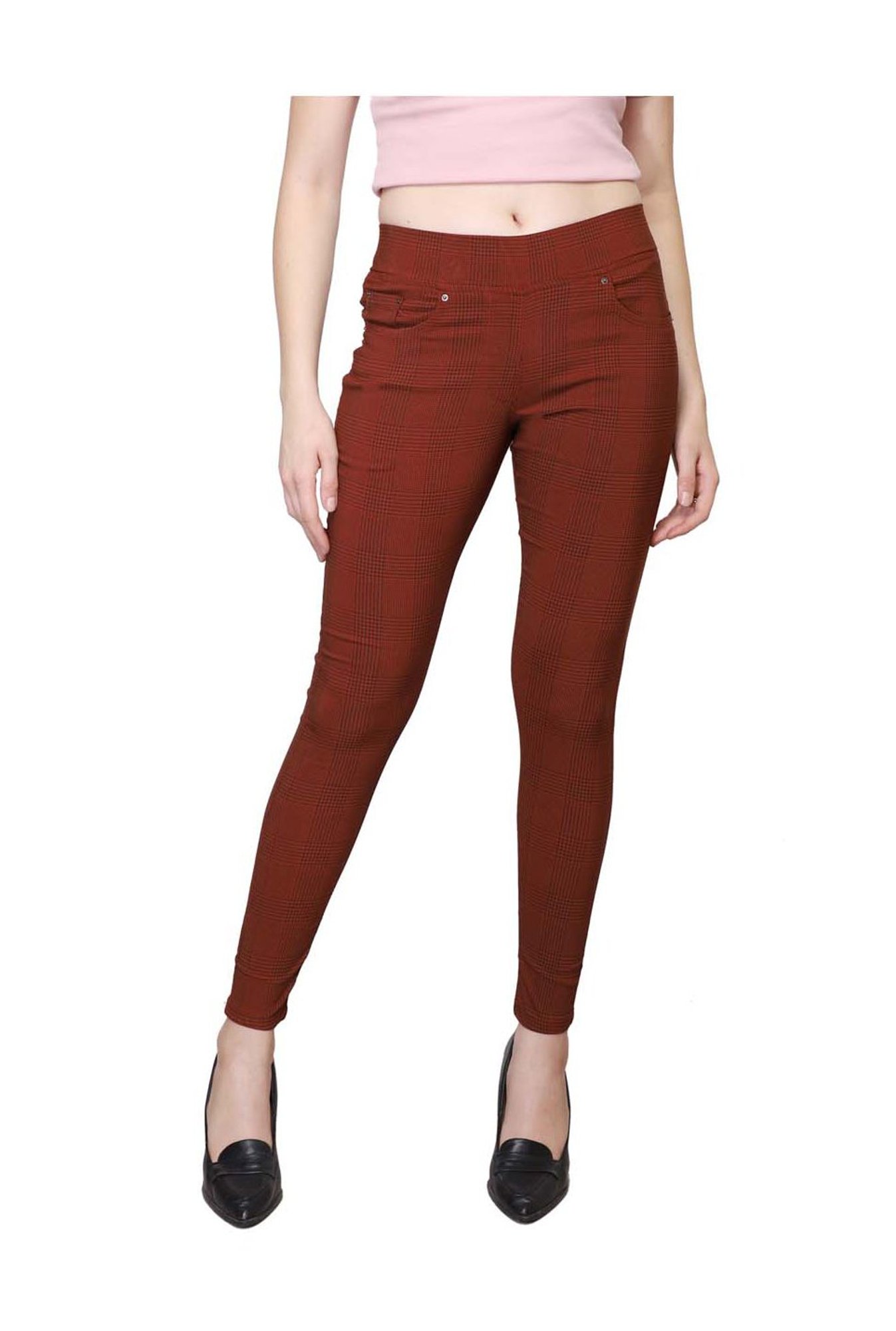 Westwood Maroon Skinny Fit Chequered Jeggings