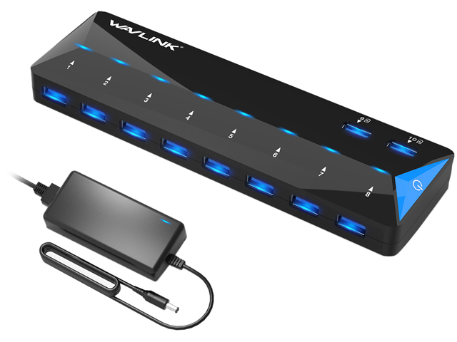 Wavlink 10-Port USB 3.0 Hub with 2x1.5A Fast USB Charging Port, 48W Power Adapter, Peripheral Sharing Switch, LED indicators, USB3.0 Splitter Up to 5Gbps for Android, Apple iOS, Windows Mobile Devices