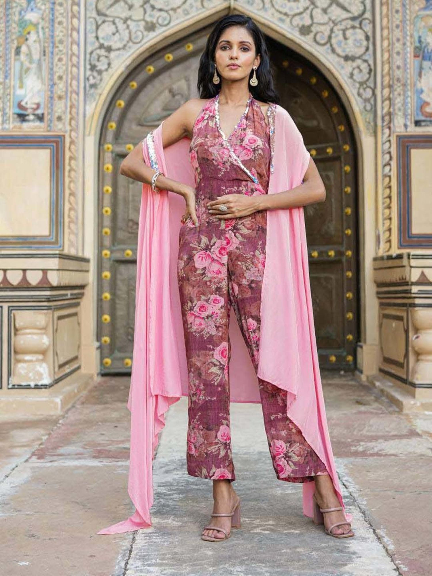 SCAKHI Purple Printed Jumpsuit With Cape