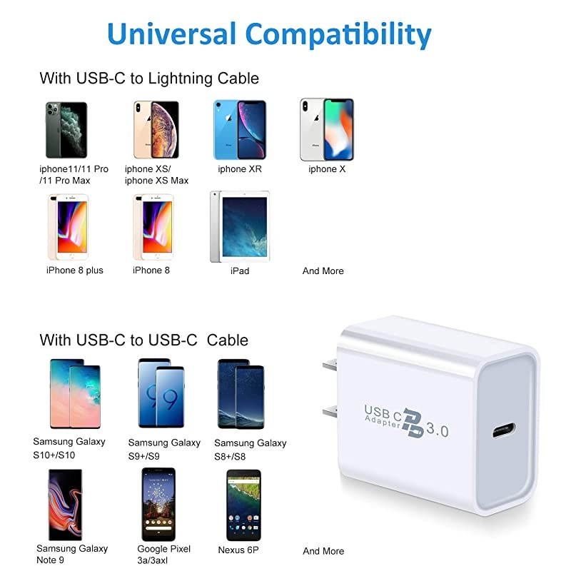 USB C Charger  3Pack 18W PD 30 Wall Charger USB C Power Adapter Type C Fast Charger Compatible for iPhone 1111 Pro MaxXXSXR8PlusGalaxy S10 S9 S8 Plus Note 8 9 10PixeliPad ProWhite