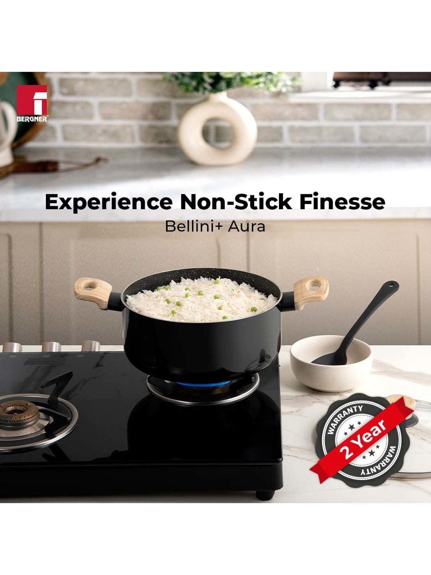 Bergner Bellini & Aura Black 20 cm Induction Cook And Serve Casserole With Wooden Finish Handle