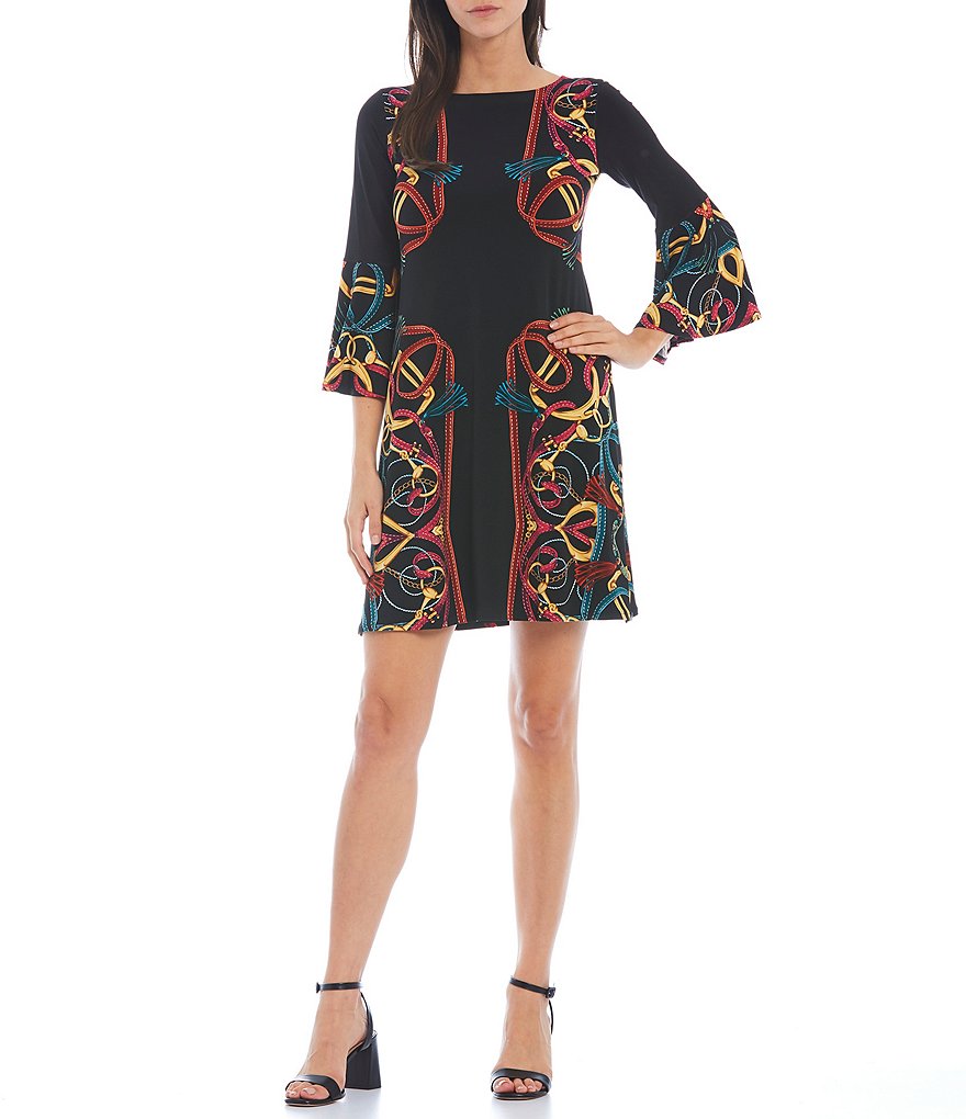 Eva Varro Mirrored Scarf Print Knit Ruffle Bell 3/4 Sleeve Boat Neck Dress