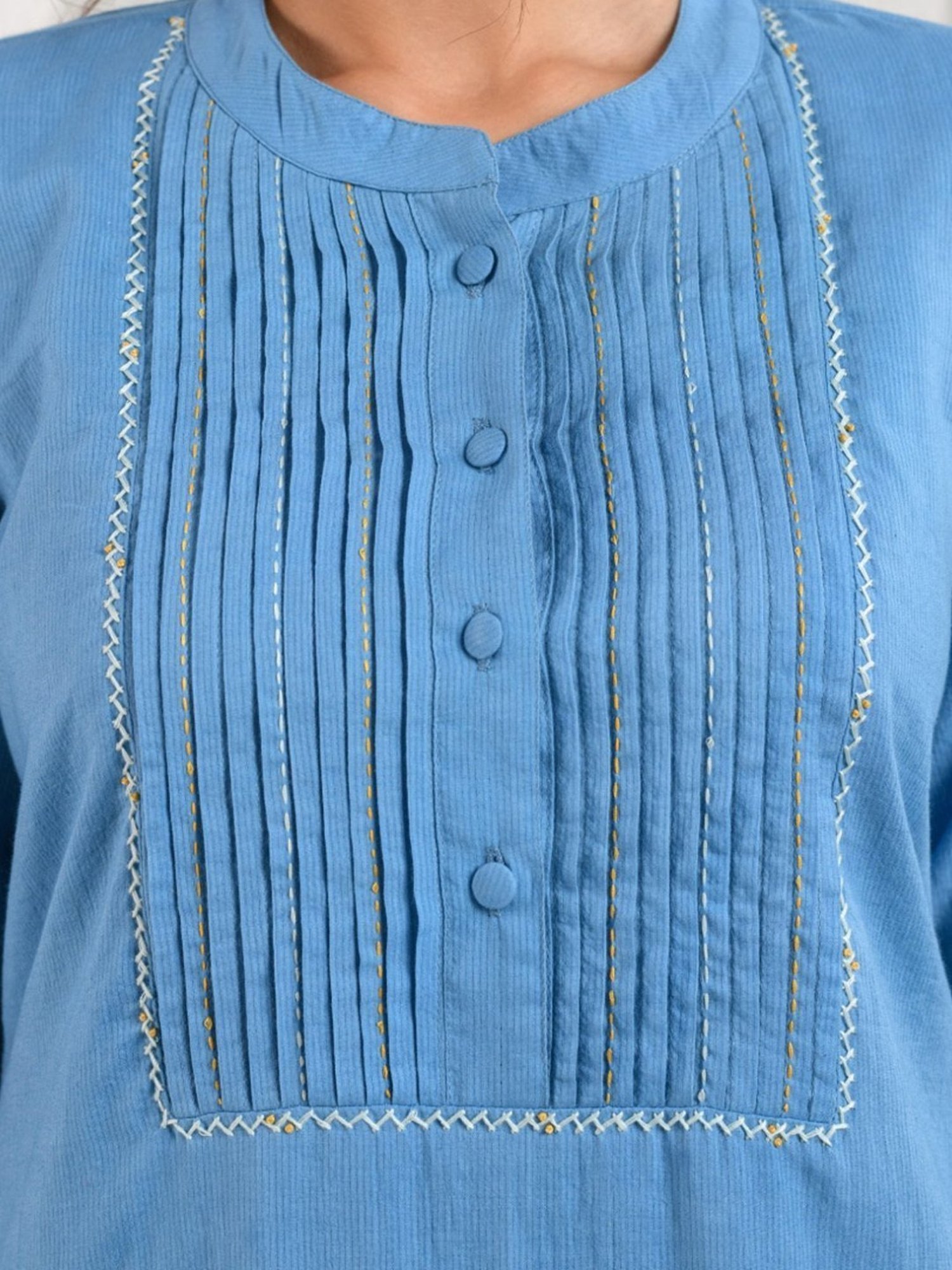 Prakriti Jaipur Blue Pleated Dobby Kurta