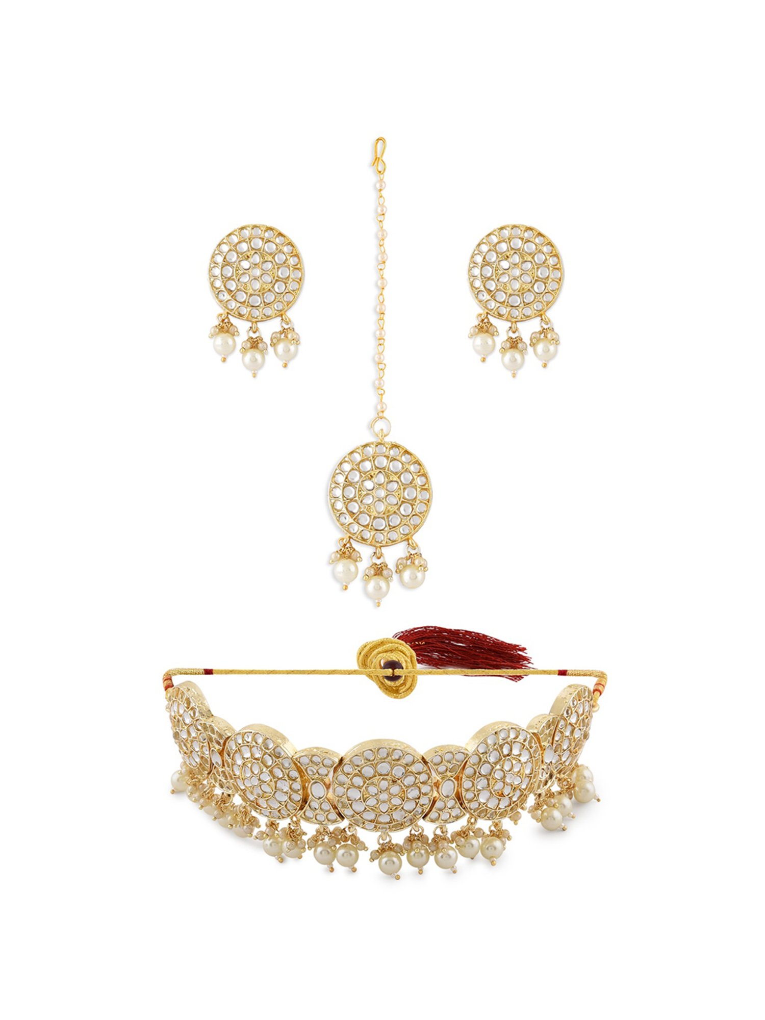 Zaveri Pearls Gold Tone Traditional Kundan Necklace, Earring & MaangTikka Set