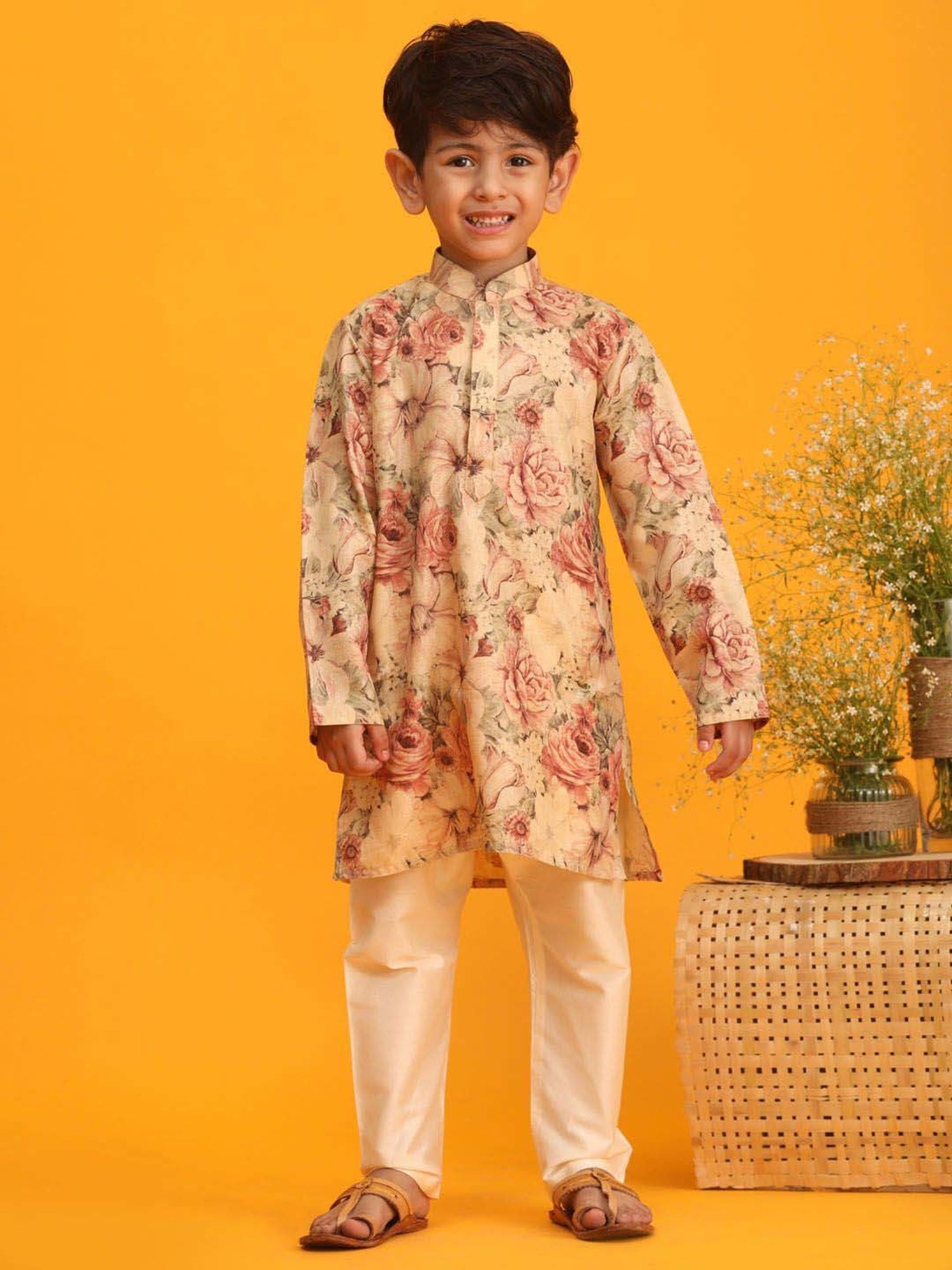 VASTRAMAY Boys Brown Floral Full Sleeves Kurta Sets