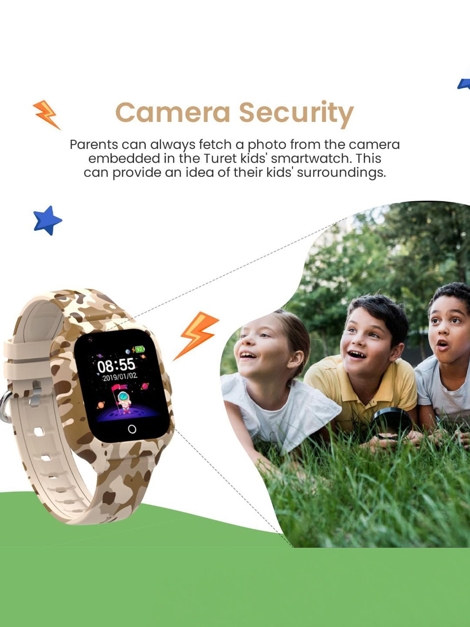 Turet Smartwatch for Kids with Camera, Games, Recorder, Sim Enabled 2-Way Calling (Miletary)