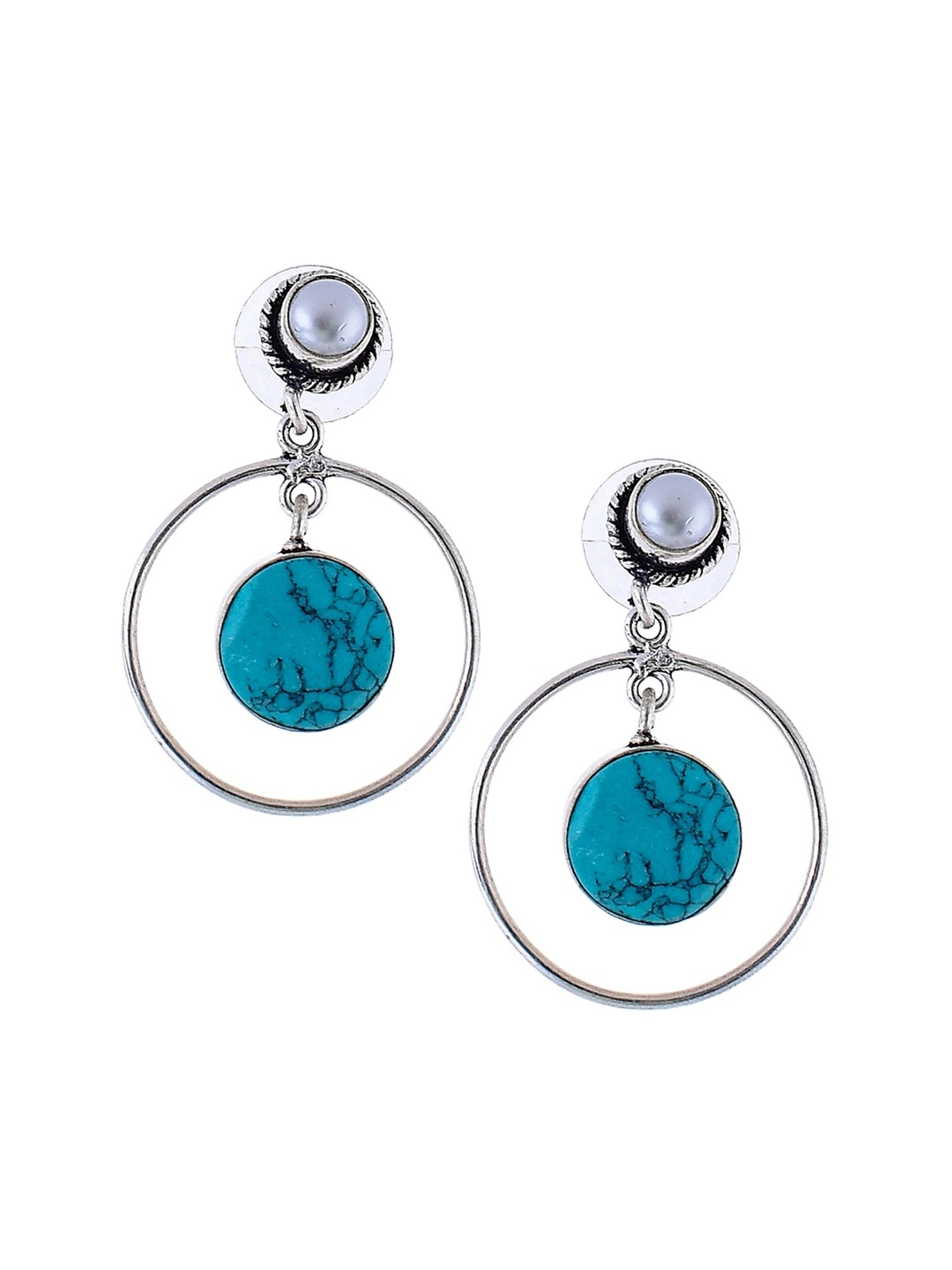 Imli Street Turquoise-White Silver Tone Stone-Studded Handcrafted Drop Earrings