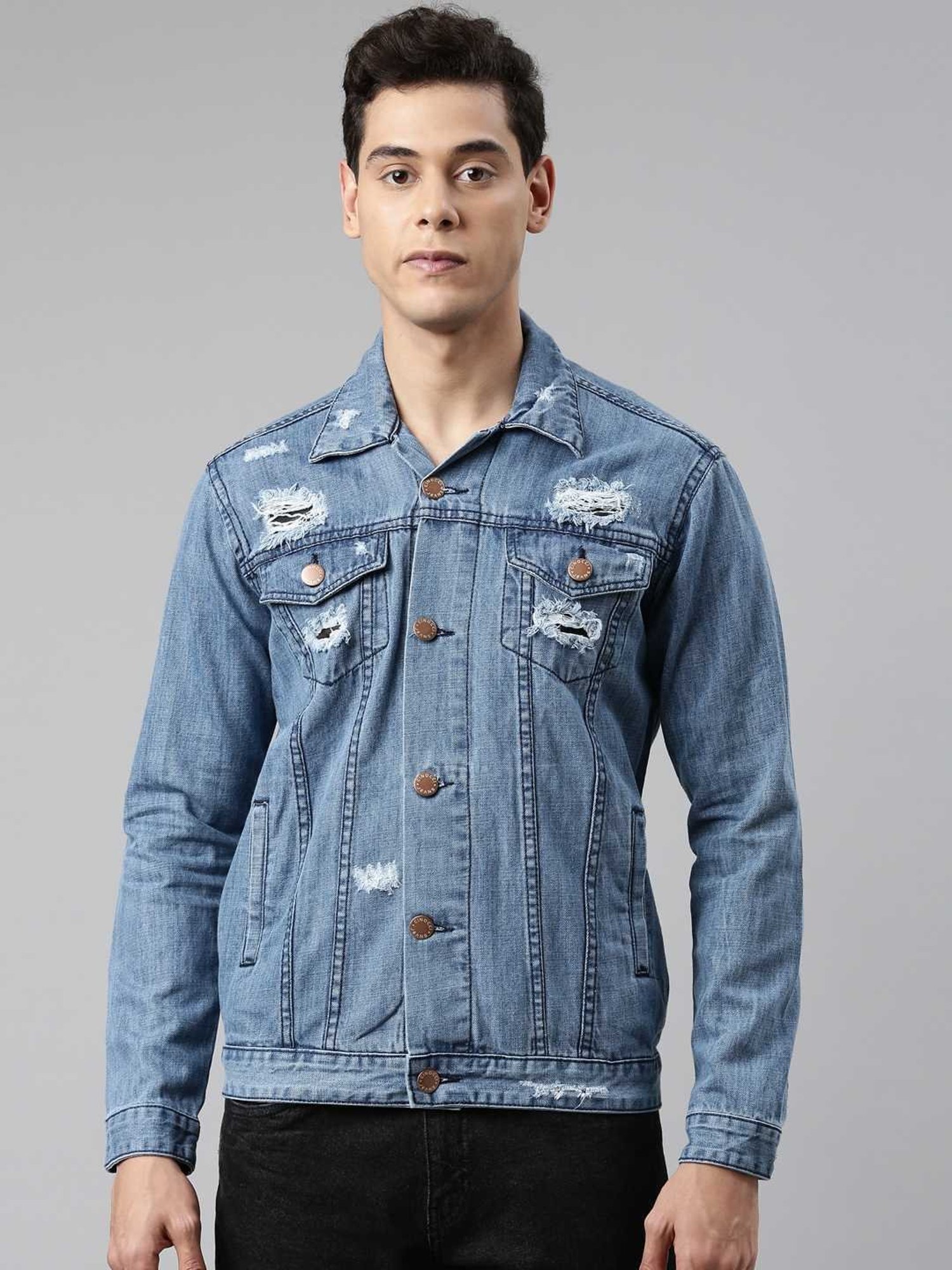 CINOCCI Blue Cotton Slim Fit Distressed Denim Jacket