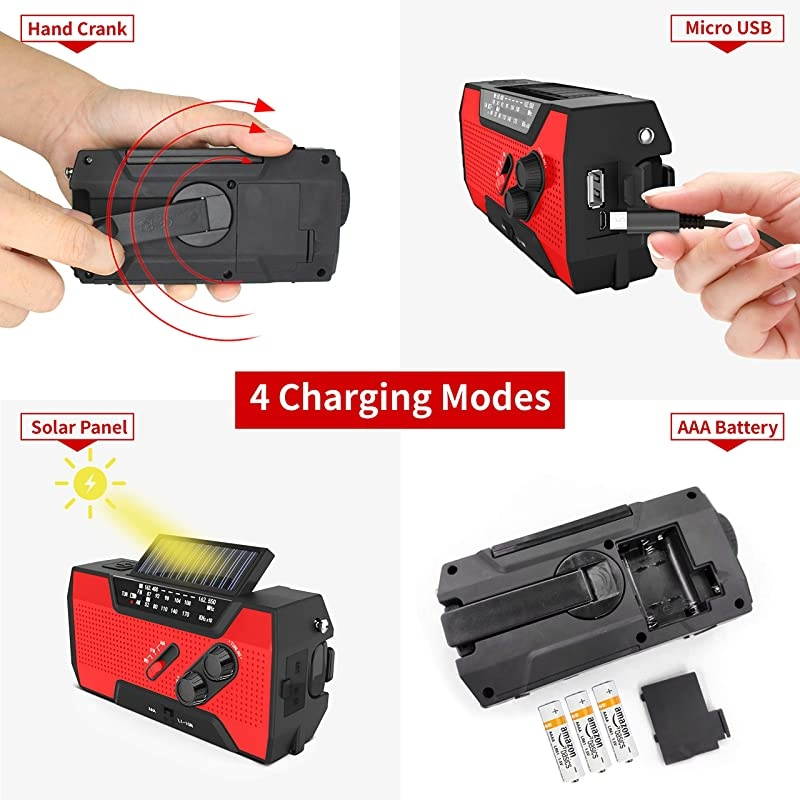 Radio Solar Hand Crank AMFMNOAA Weather Radio for Household and Outdoor with LED Flashlight Reading Lamp 2000mAh Power Bank USB Charger and SOS Alarm Red