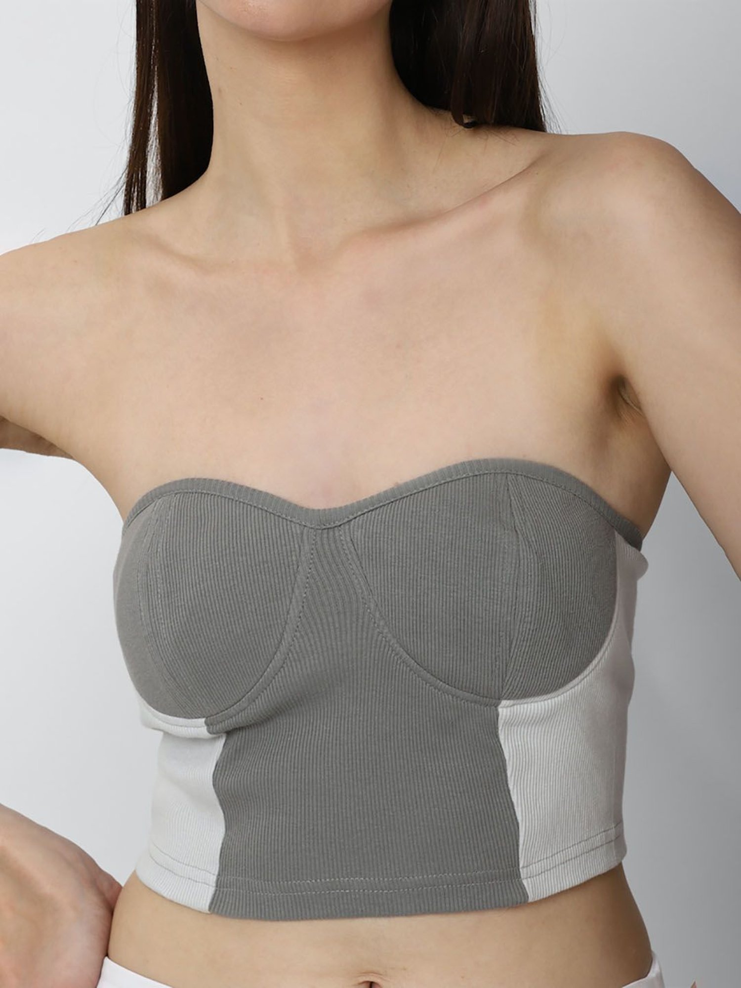 Forever 21 Grey & White Cotton Color-Block Tube Top