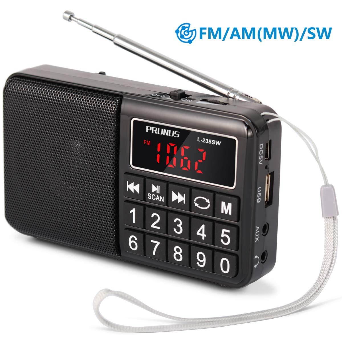 PRUNUS Portable Radio SW/FM/AM(MW)/MP3/USB/SD/TF Rechargeable with Neodymium Speaker. Large Button and Large Display. Stores Stations Automatically. (NO Manual Memory/Delete Stations Function)