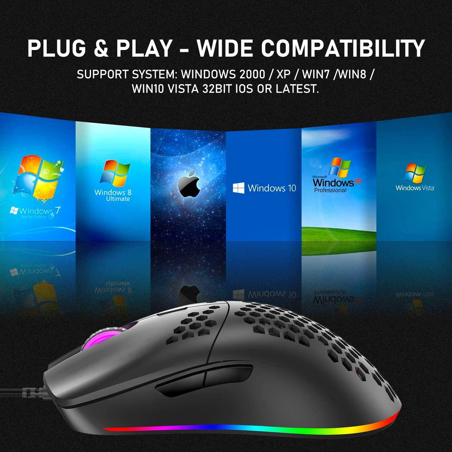 96G Programmable Gaming Mouse with Lightweight Honeycomb Shell, 6400 DPI Laser Sensor, with 6 buttons Gaming Mice, RGB Rainbow Backlit-Black