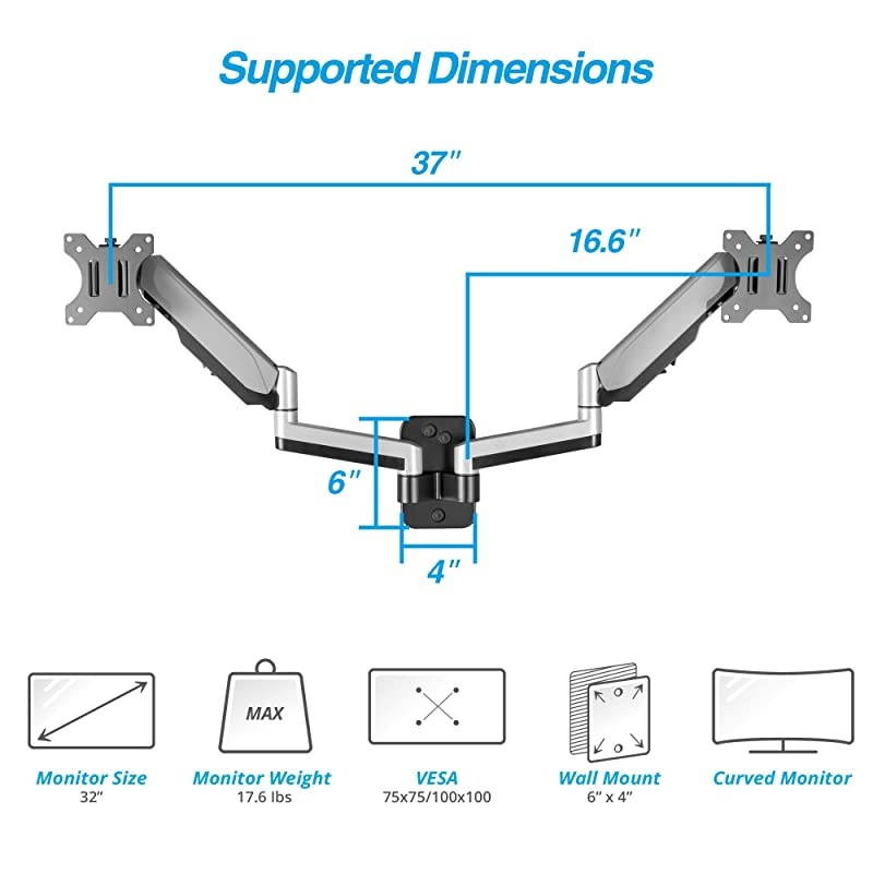 Dual 1332 Monitor Wall Mount fits Two FlatCurved Computer Monitor Full Motion Height Swivel Tilt Rotation Adjustable Monitor Arm VESACable Management
