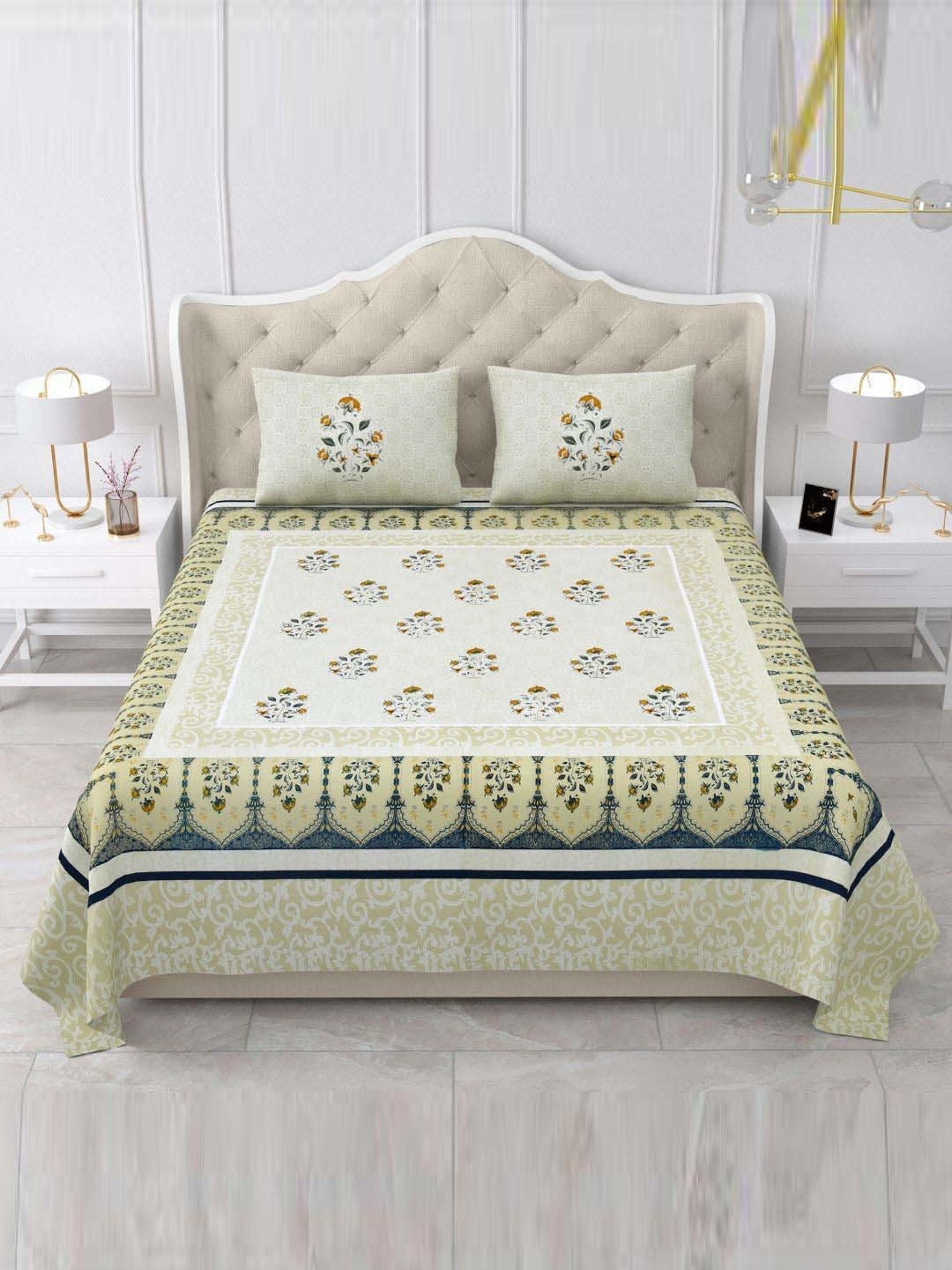 BELLA CASA Gulmohar Collection Yellow Cotton 450 TC King Bedsheet with 2 Pillow Covers