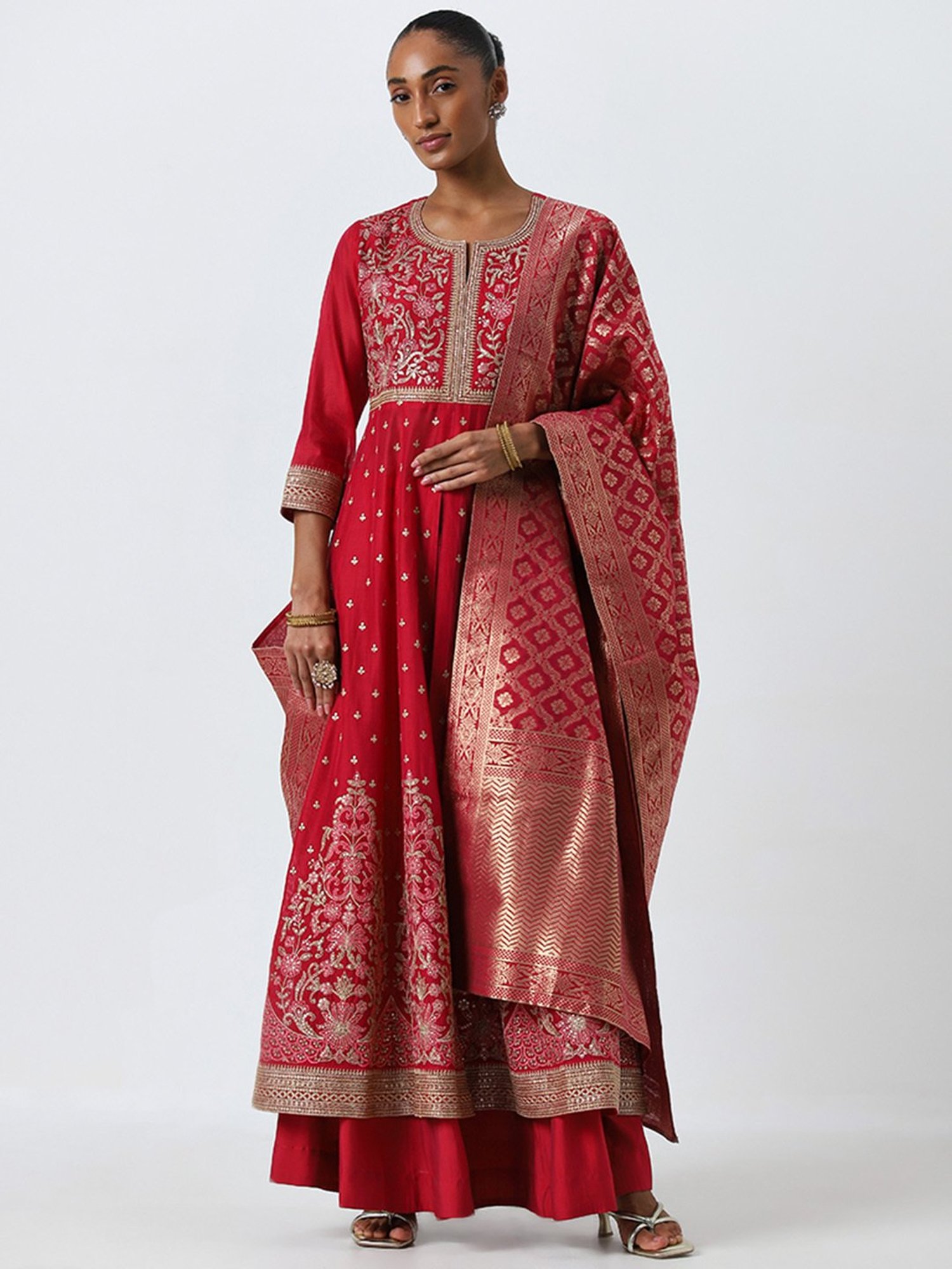 Vark by Westside Magenta Embroidered Kurta, Skirt and Dupatta Set