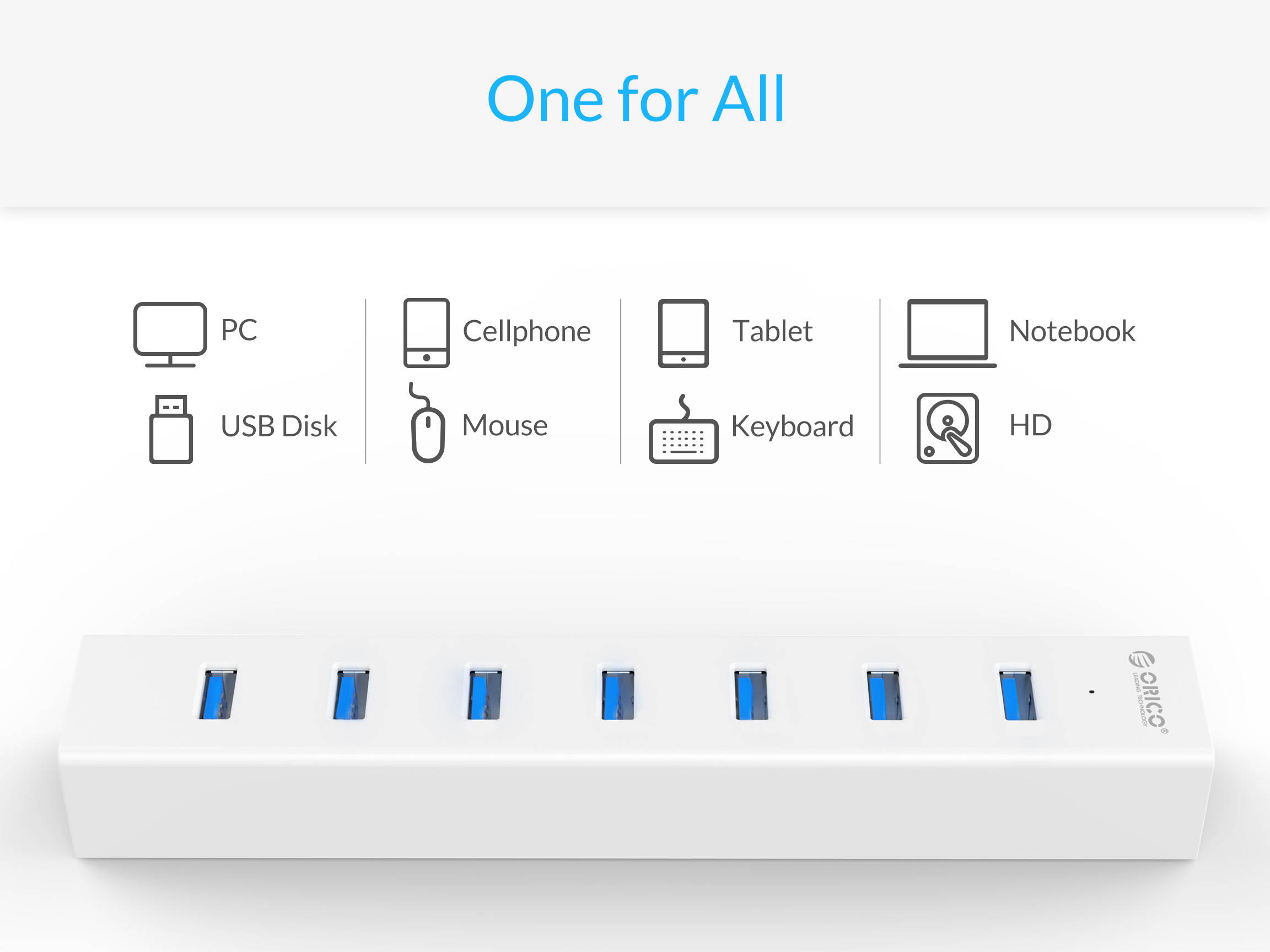 ORICO Super Speed USB 3.0 7 Port Hub with 3.3Ft. Power Cord and Data Cable - (ORICO H7013-U3-V1-BK) Black