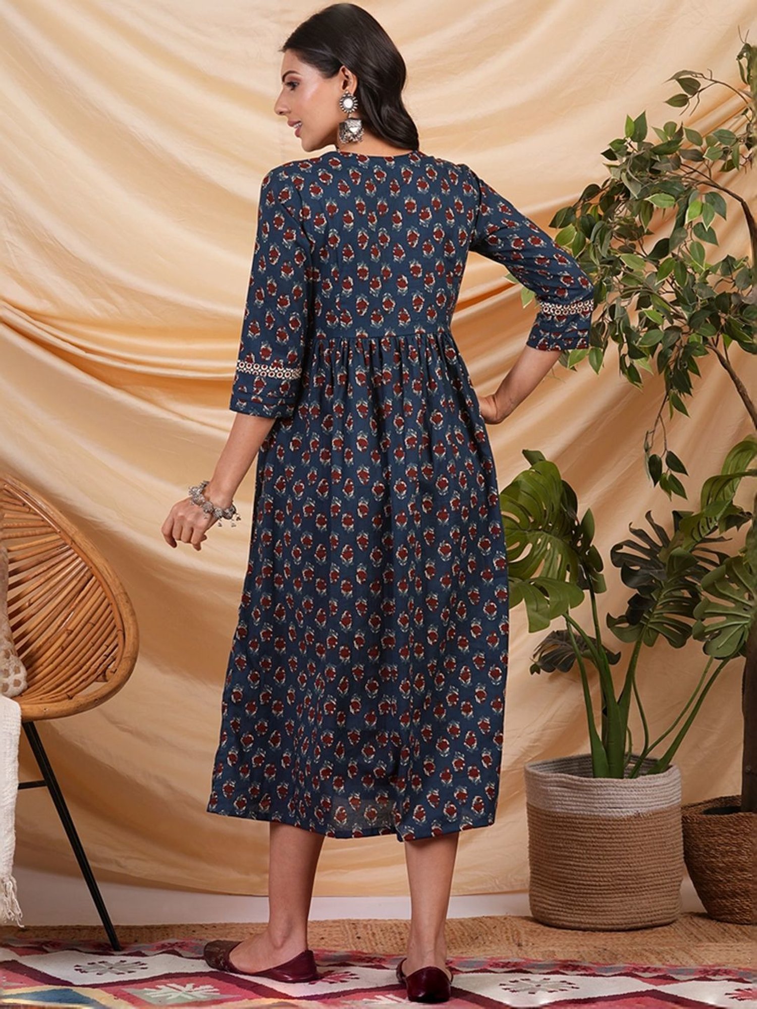 Kami Kubi Blue Cotton Printed A-Line Dress