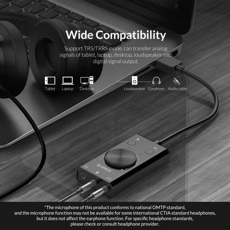 ORICO Portable USB External Sound Card Microphone Earphone Two-in-One With 3-Port Output Volume Adjustable For Windows/Mac/Linux