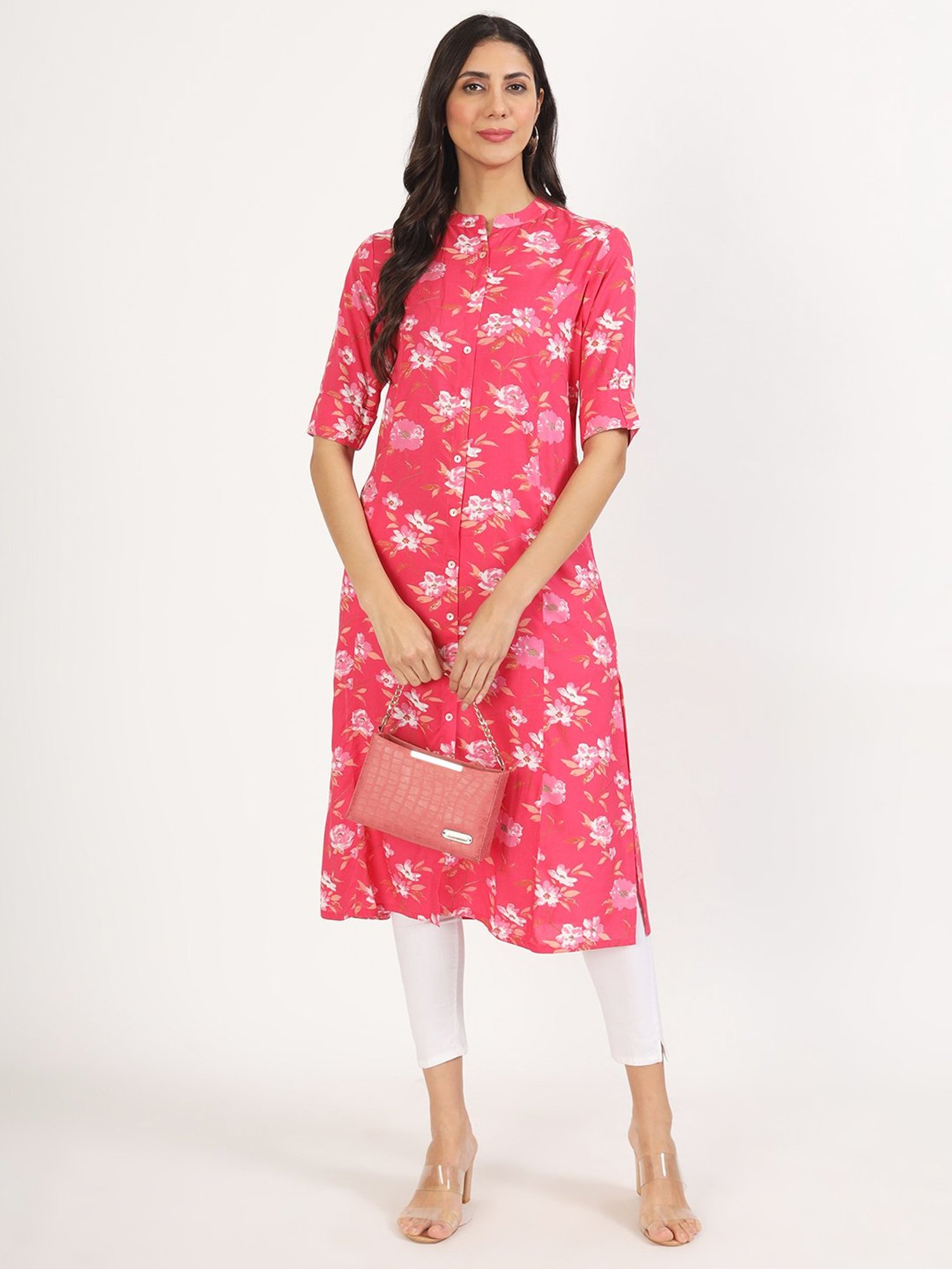 Divena Pink Floral Print A Line Kurta