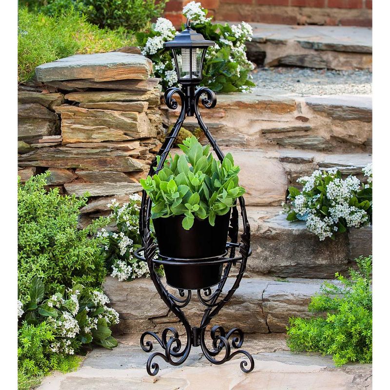 Wind & Weather Black Wrought Iron Plant Stand with Solar Light