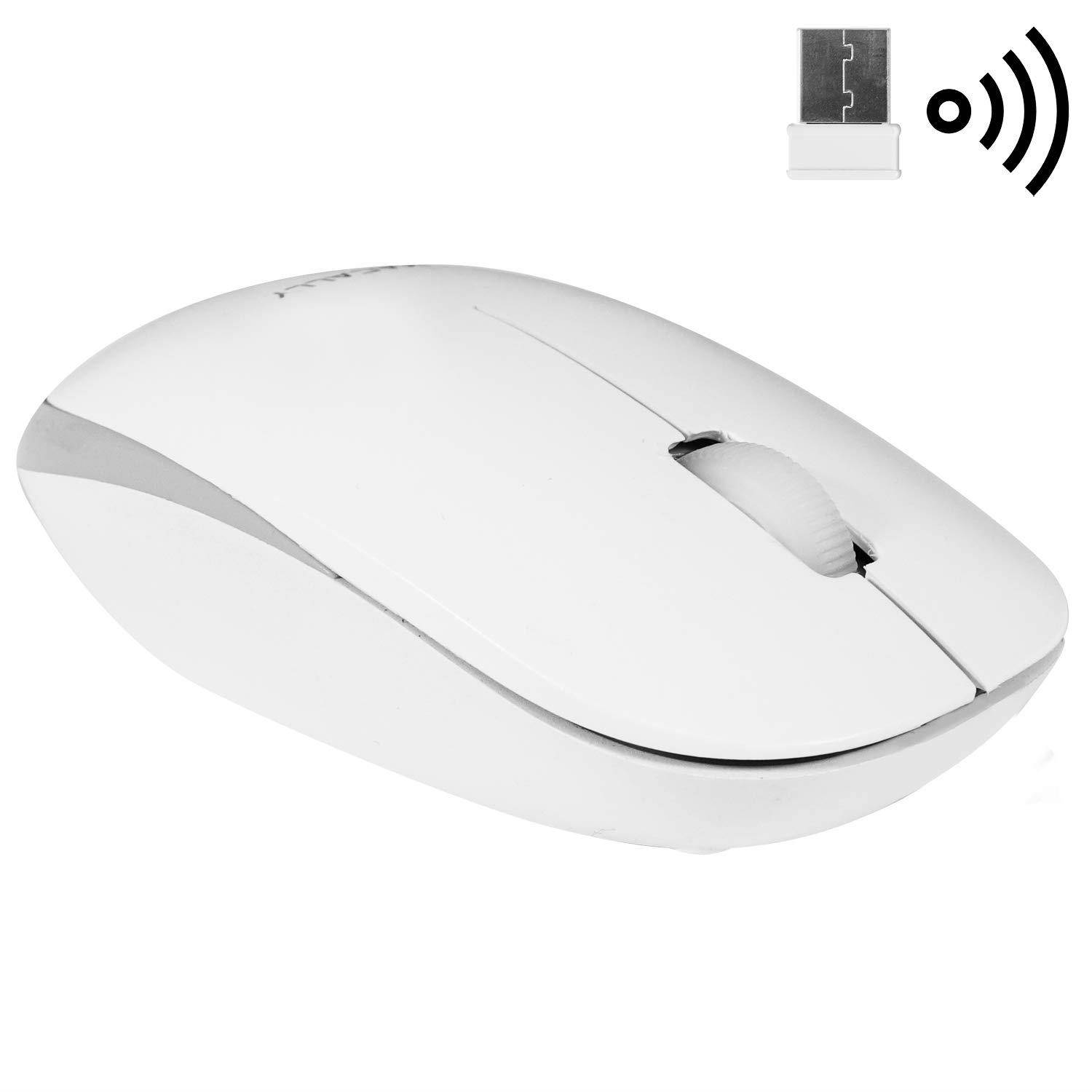 Macally 2.4G Wireless Mouse (Optical) with USB Cordless Mice Receiver - Long Range & Portable - Works with Mac Mini/Apple MacBook Pro/Air or Windows PC Notebook Laptops & Desktop Computers - White