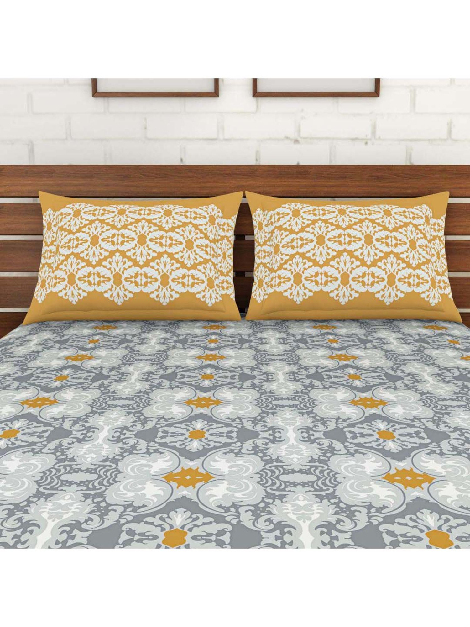 Spaces Atrium Plus Grey & Yellow Cotton 210 TC Bed Sheet Set