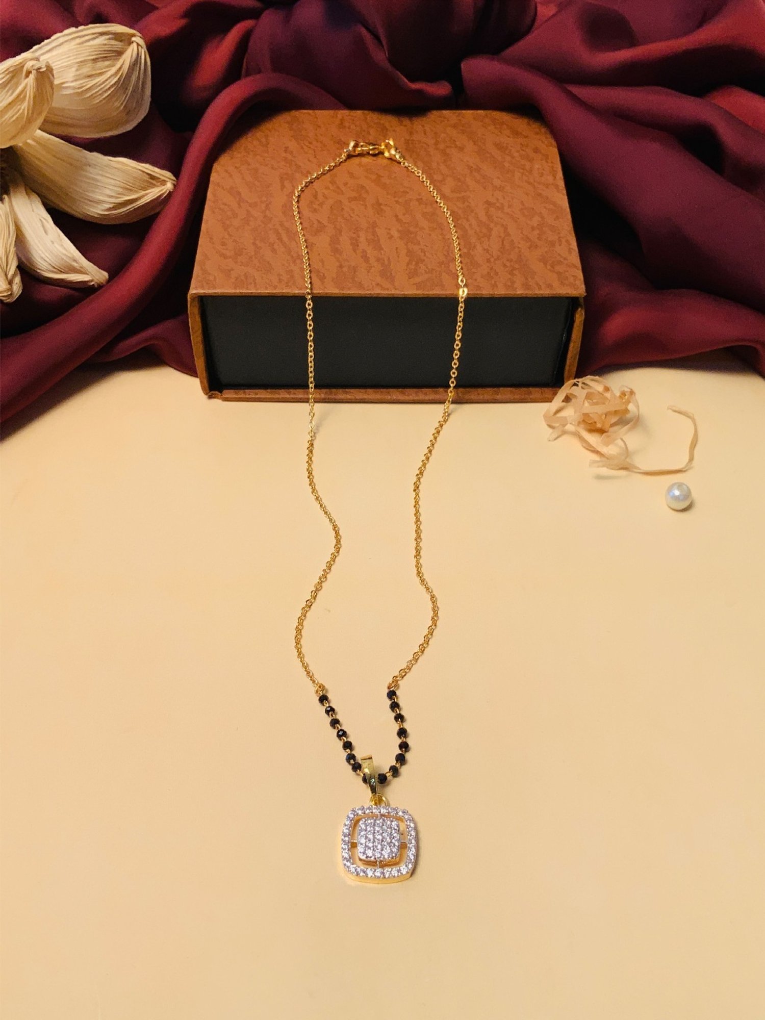 Abdesigns Gold-Plated American Diamond & Black Beaded Mangalsutra