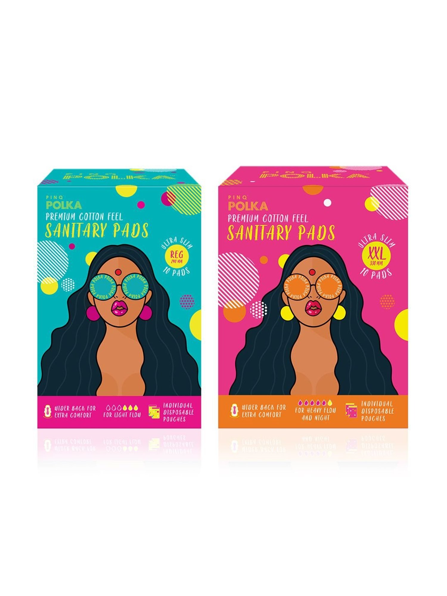 PINQ Polka Cotton Ultra Sanitary Pads,10 each (XXL+Regular) Individual Disposable Pouch, Pack of 20