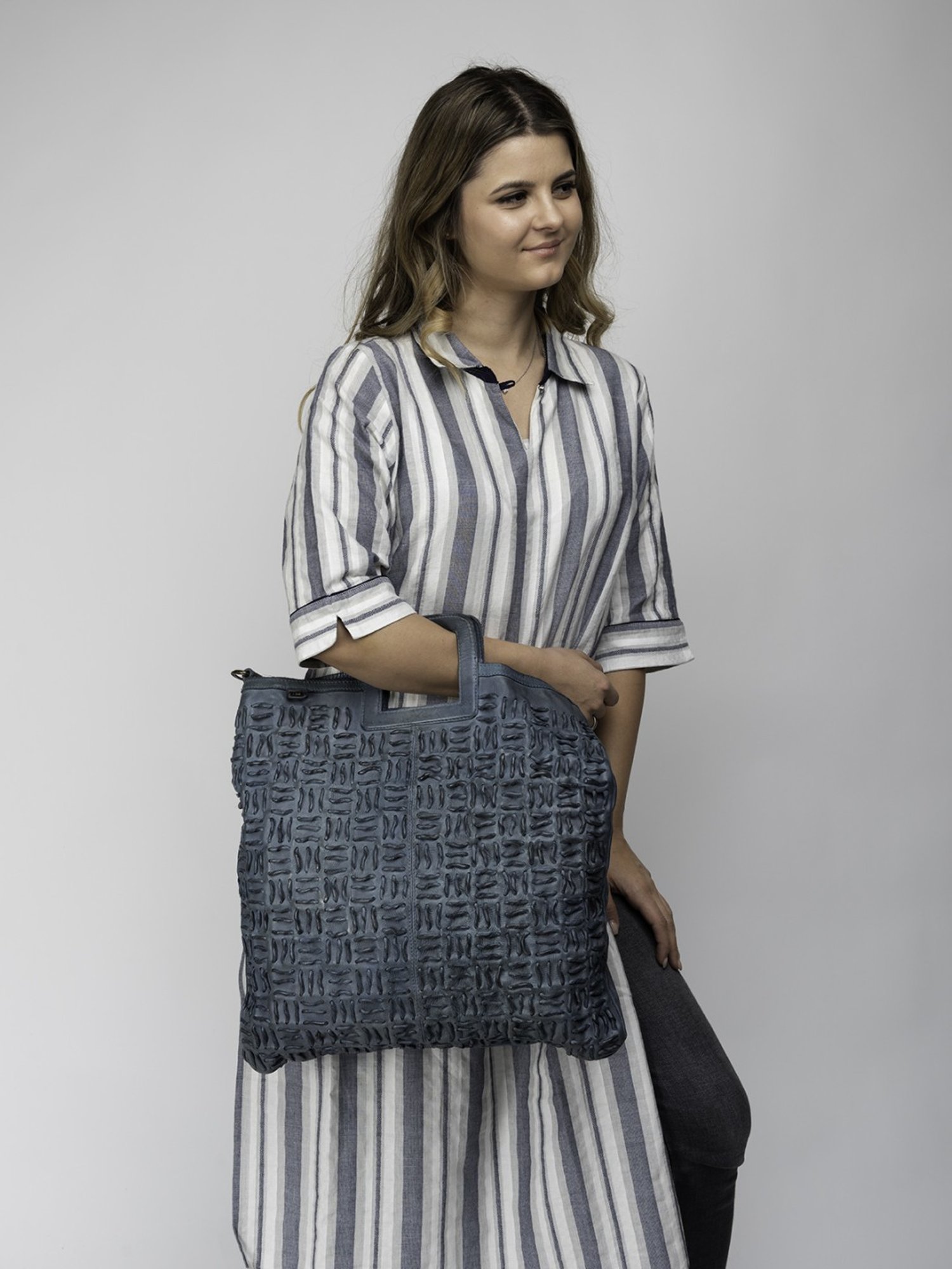 Art N Vintage Esther Blue Leather Textured Large Handbag