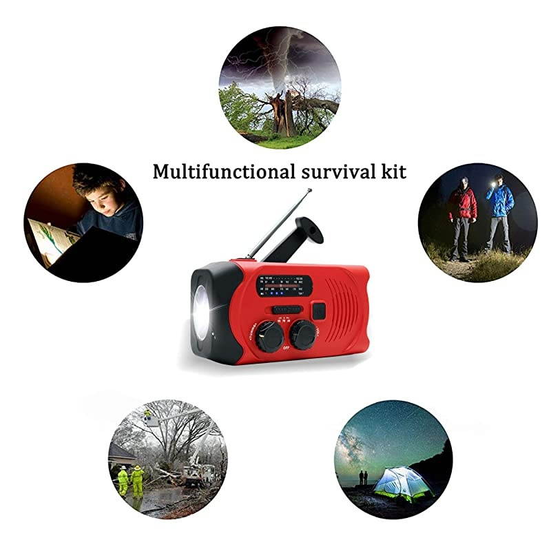 Weather Emergency AMFM Radio for Solar Hand Crank Self Powered Portable Radio with LED Survival FlashlightSOS Alarm2000mAh Power Bank Cell Phone ChargerRed