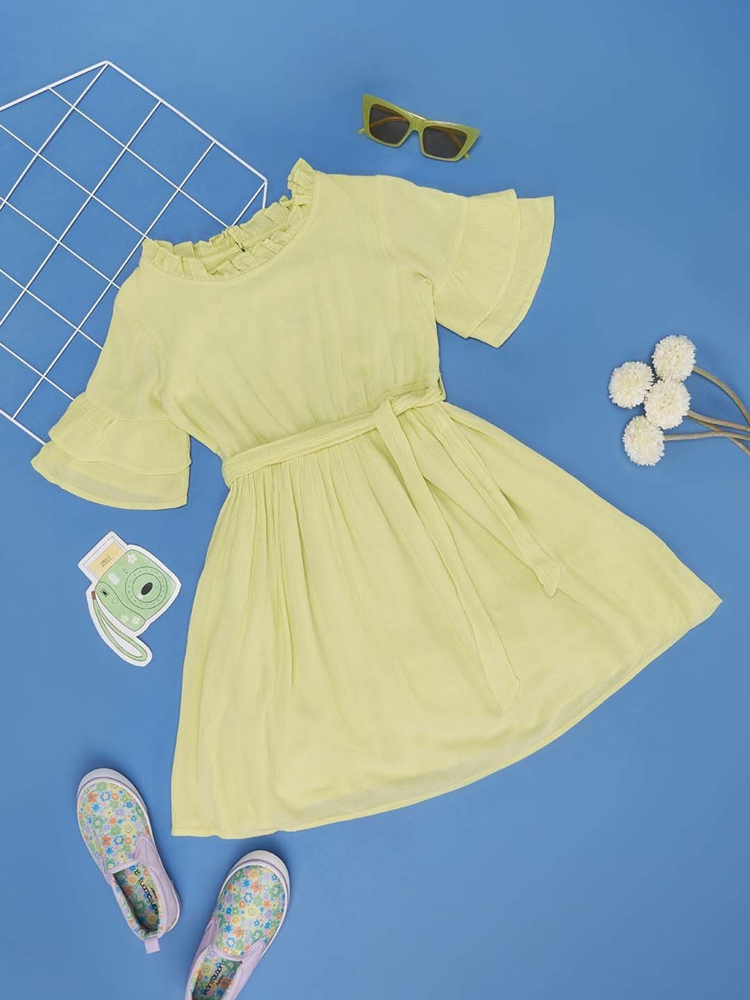 YU by Pantaloons Kids Lime Yellow Cotton Flared Fit Dress