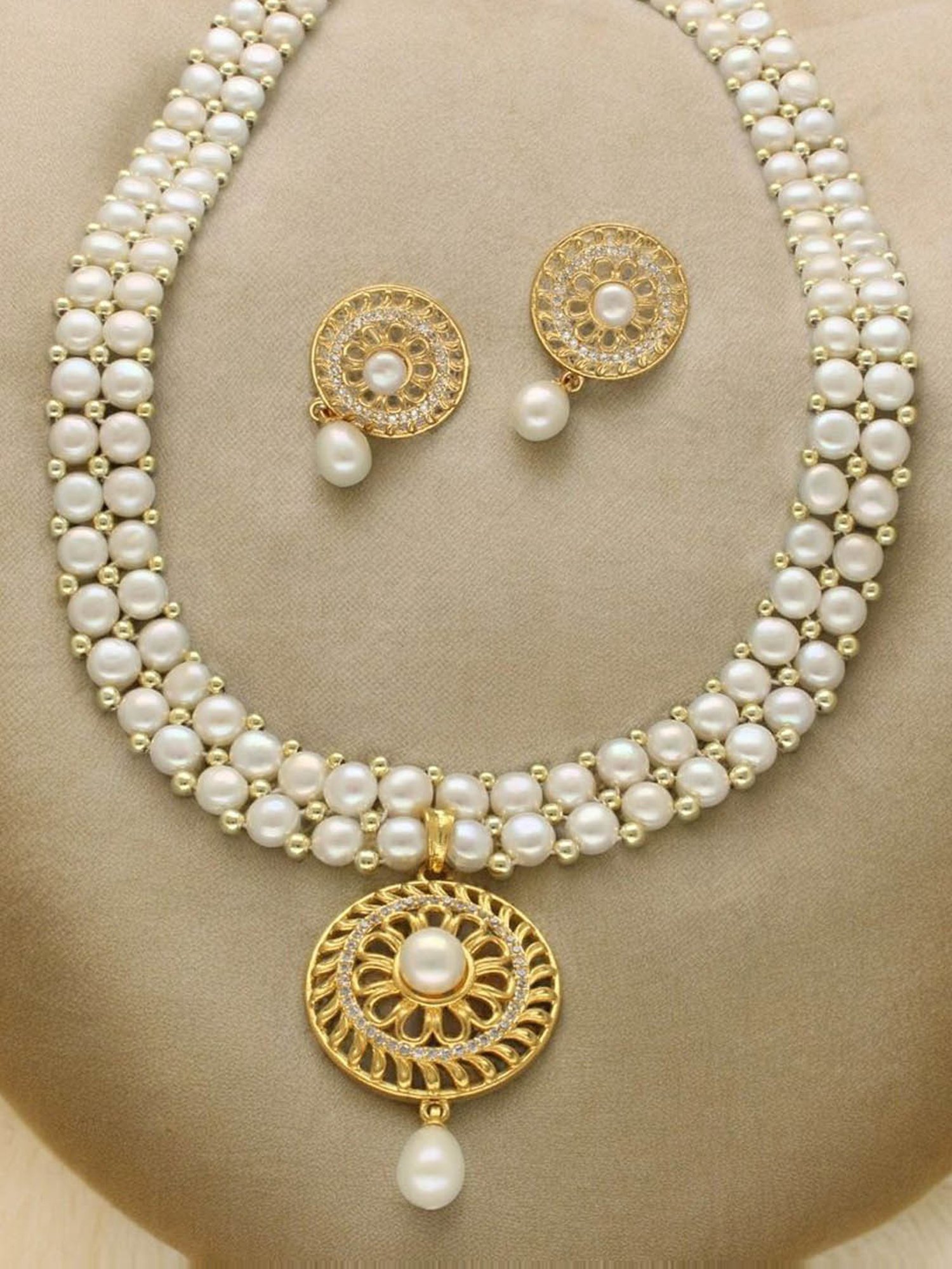 Sri Jagdamba Pearls Picturesque Dual Line Pearl Necklace Set