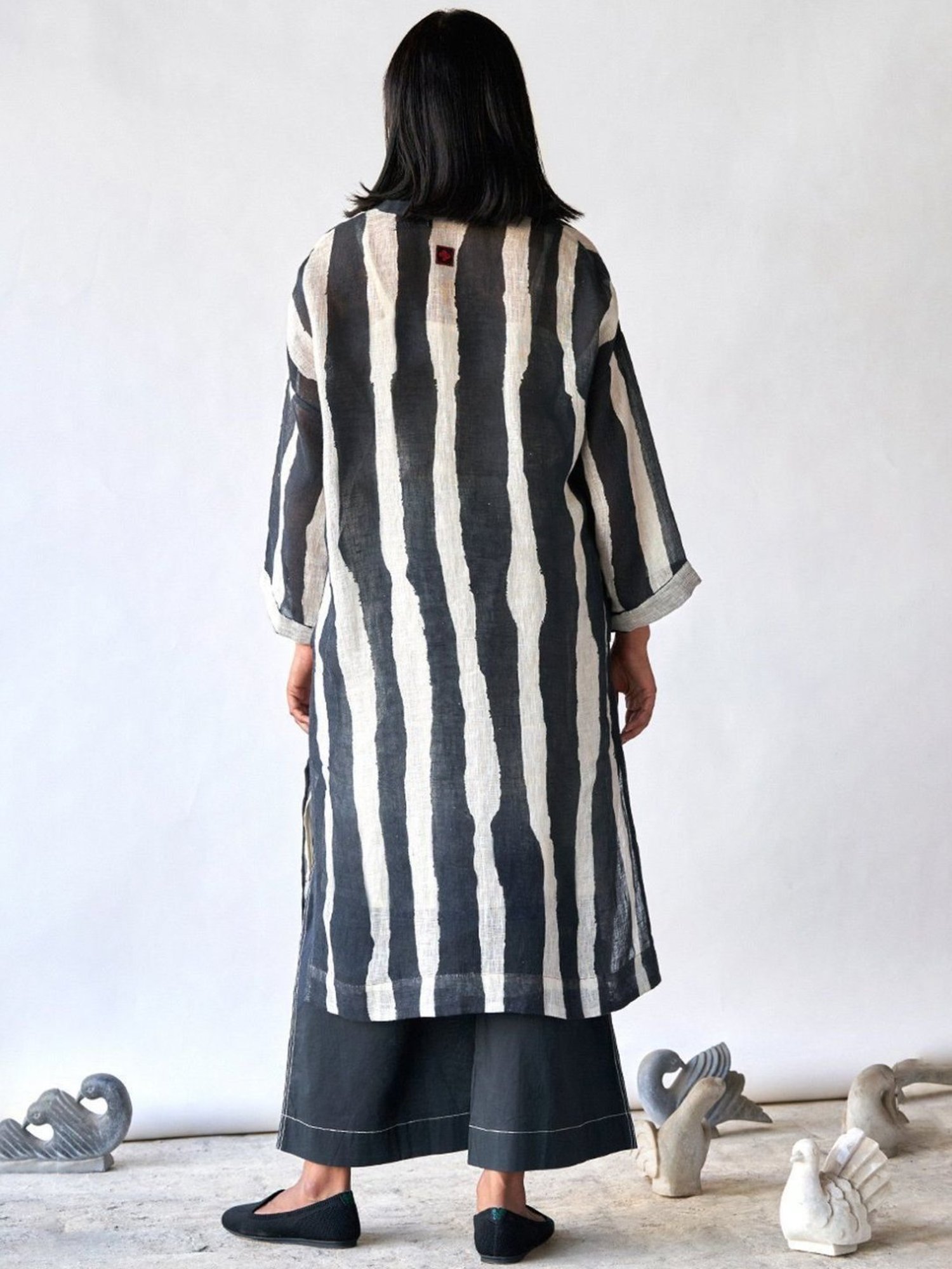 Ganga Fashions Black & Tofu Stripe Linen Kurta with Pant Co-ords Set