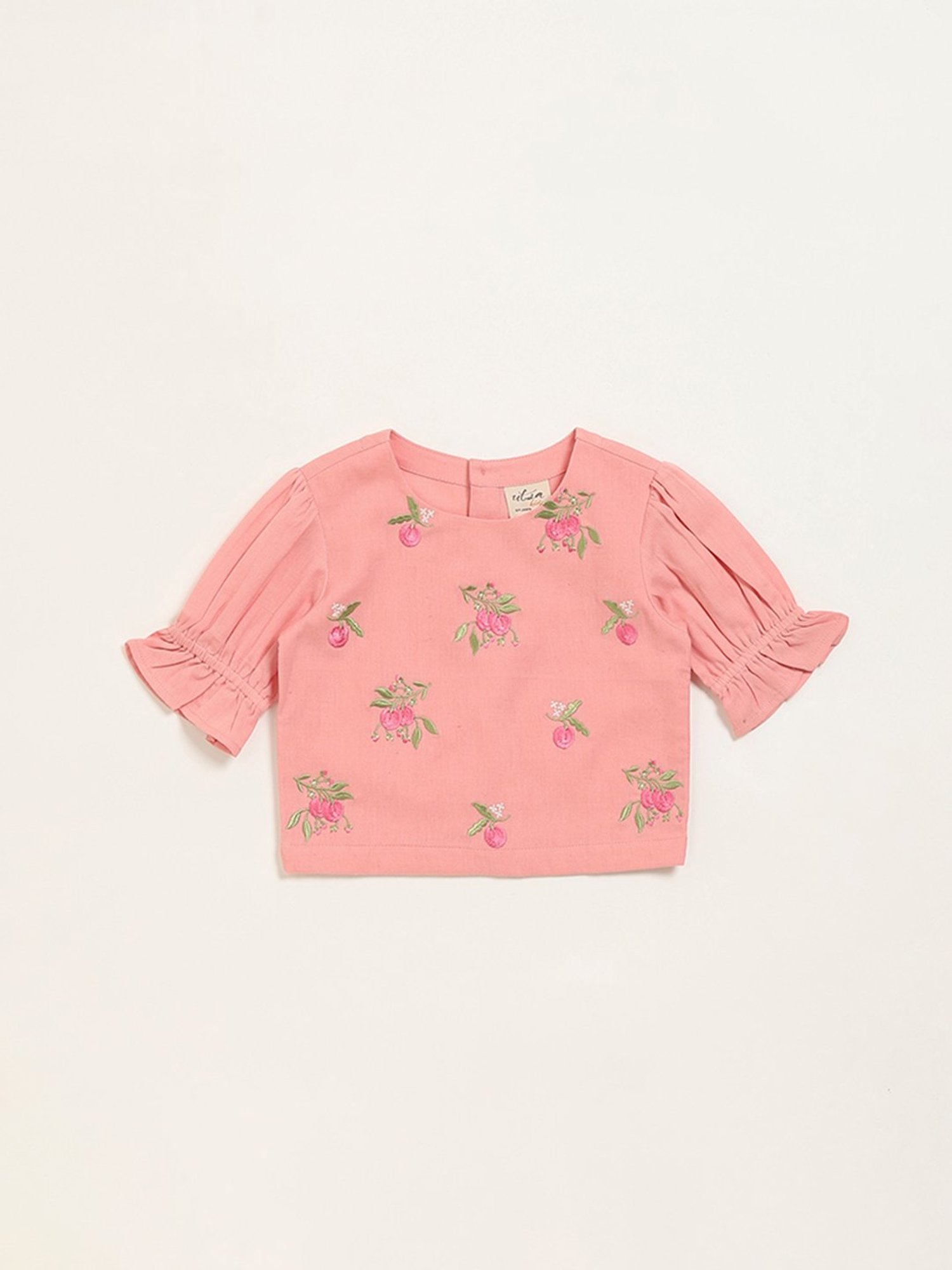 Utsa Kids by Westside Peach Floral Embroidered Cotton Blend Top