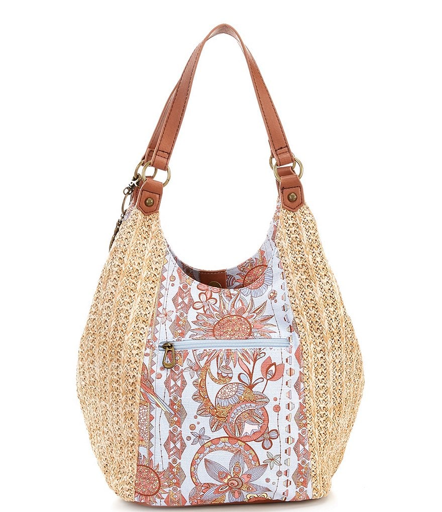 Sakroots Roma Straw Canvas Snap Floral Hobo Tassel Bag