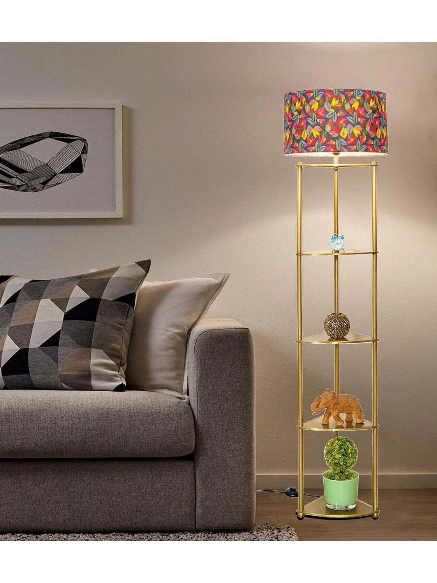 Kapoor E Illuminations Devan Antique Brass Metal Multiutility Shelf Floor Lamp