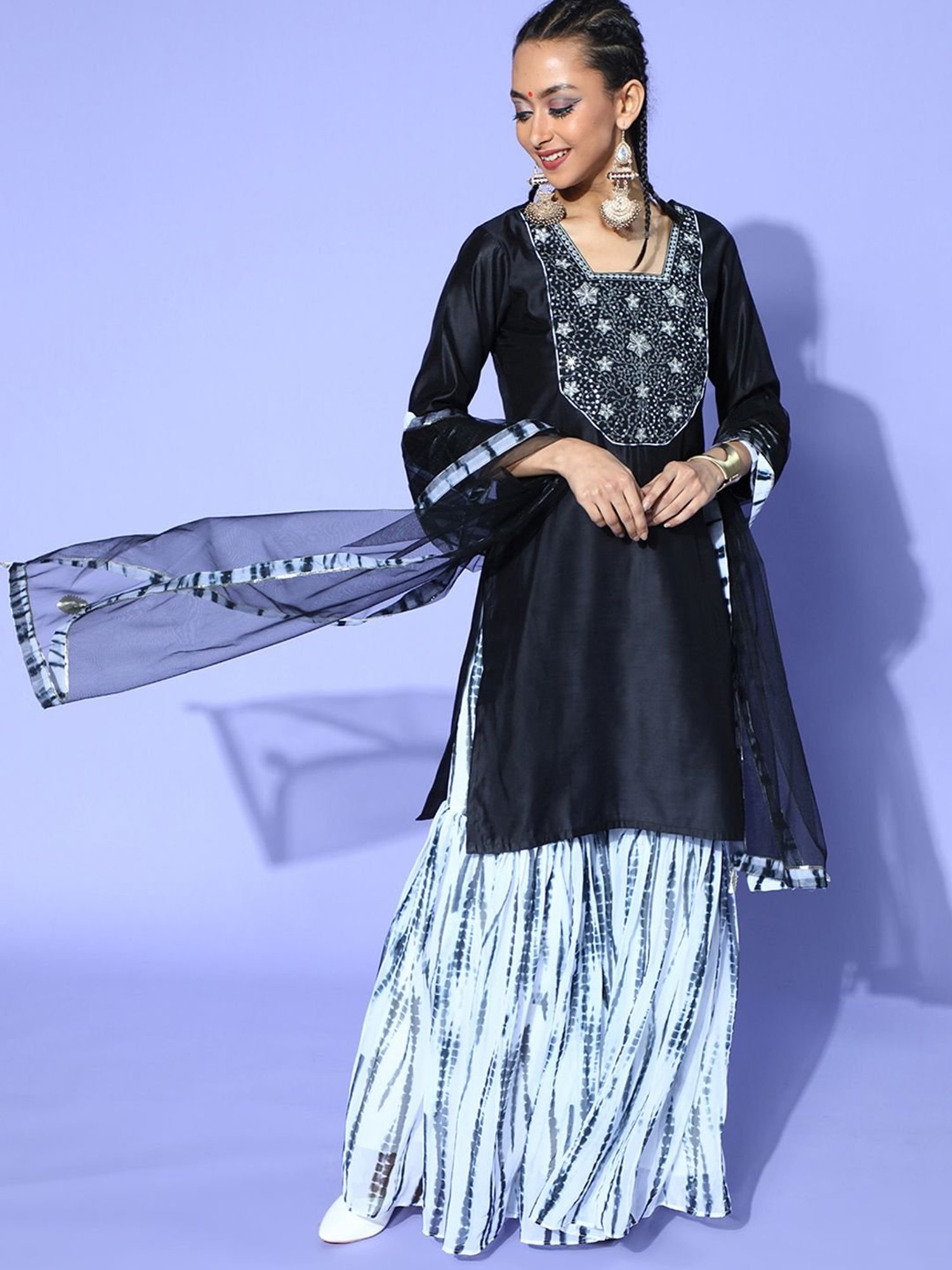 Indo Era Black & Blue Embellished Kurta Palazzo Set With Dupatta