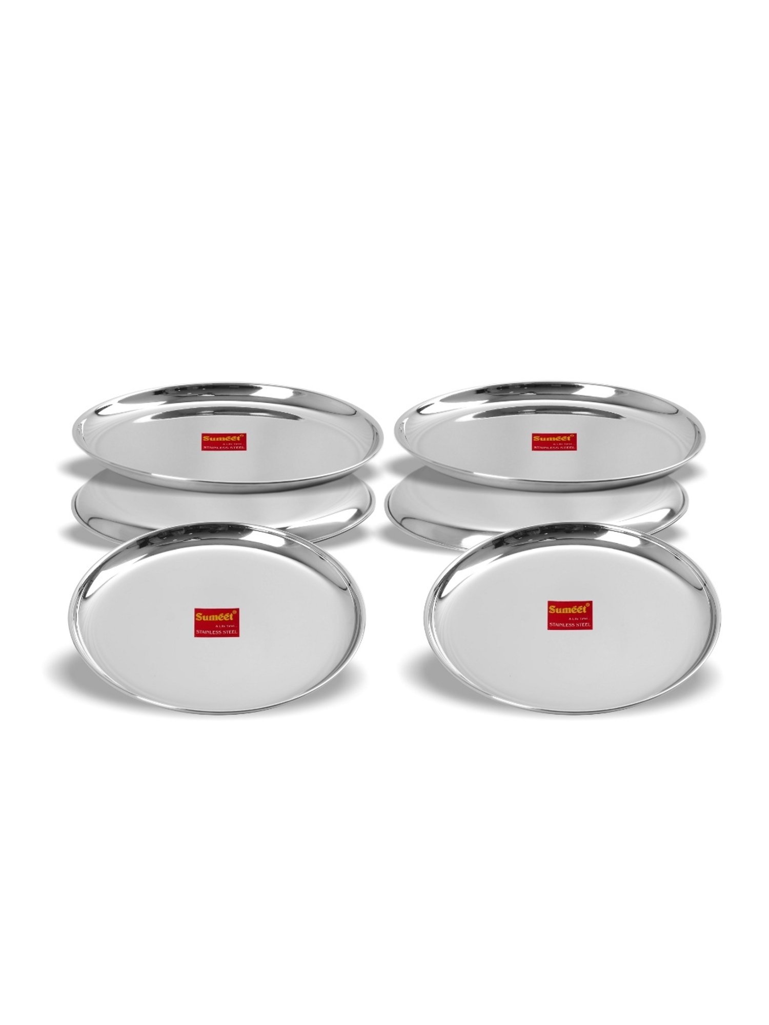 Sumeet Stainless Steel Heavy Gauge Shallow Dinner Plates with Mirror Finish 23.3cm Dia - Set of 6pc